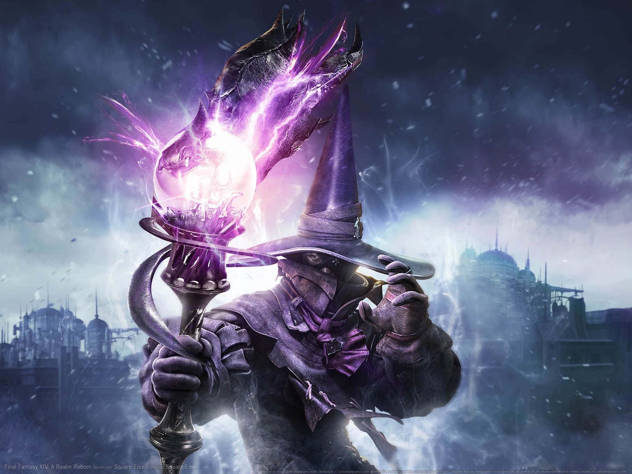 Sorcerer, dark-robed wizard, pointed hat, Full HD Desktop Wallpaper