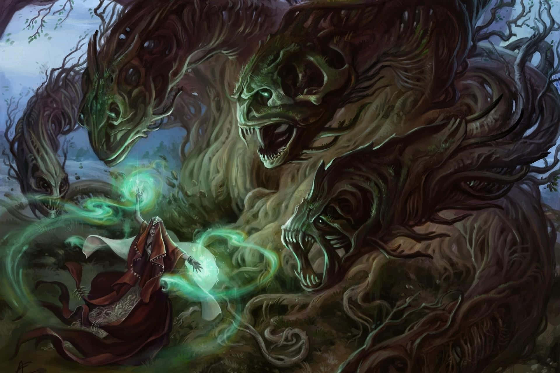 Sorcerer, red robes, glowing green magic, Full HD Desktop Wallpaper