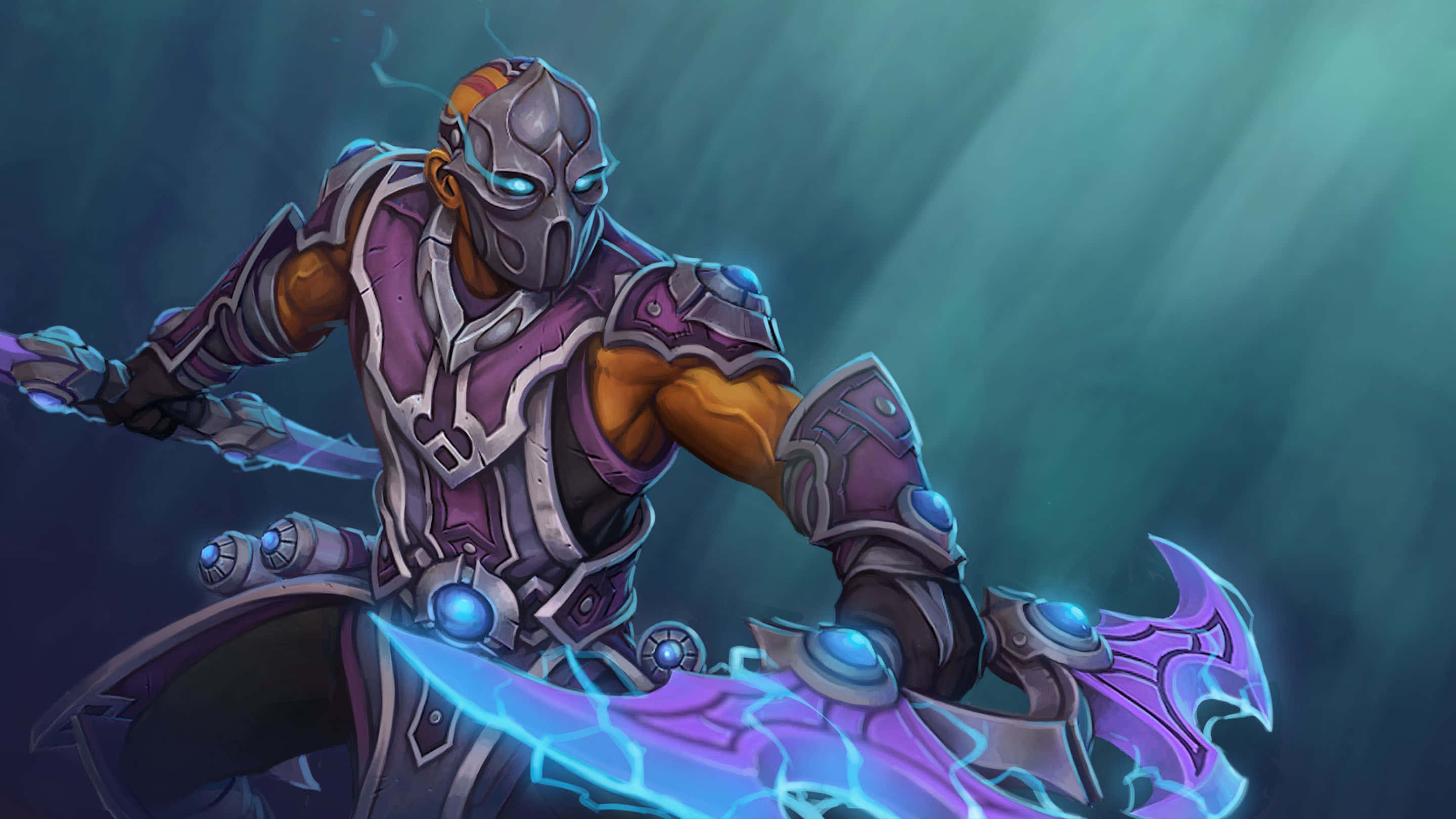 Sorcerer, purple and silver armor, glowing blue energy blade, 2K Desktop Wallpaper