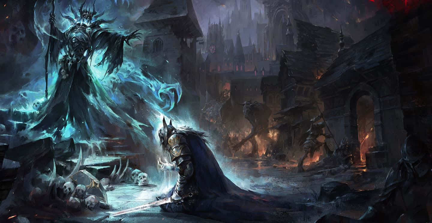Sorcerer, ice-encased sorcerer, burning medieval ruin, HD Desktop Wallpaper