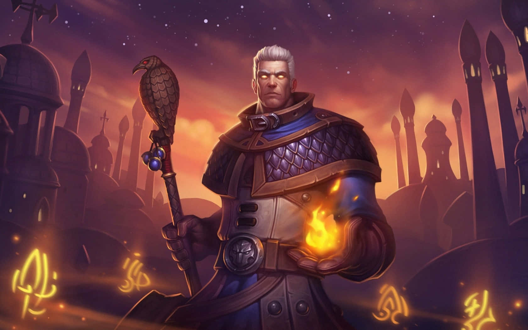 Sorcerer, white-haired mage, ornate armor, HD Desktop Wallpaper