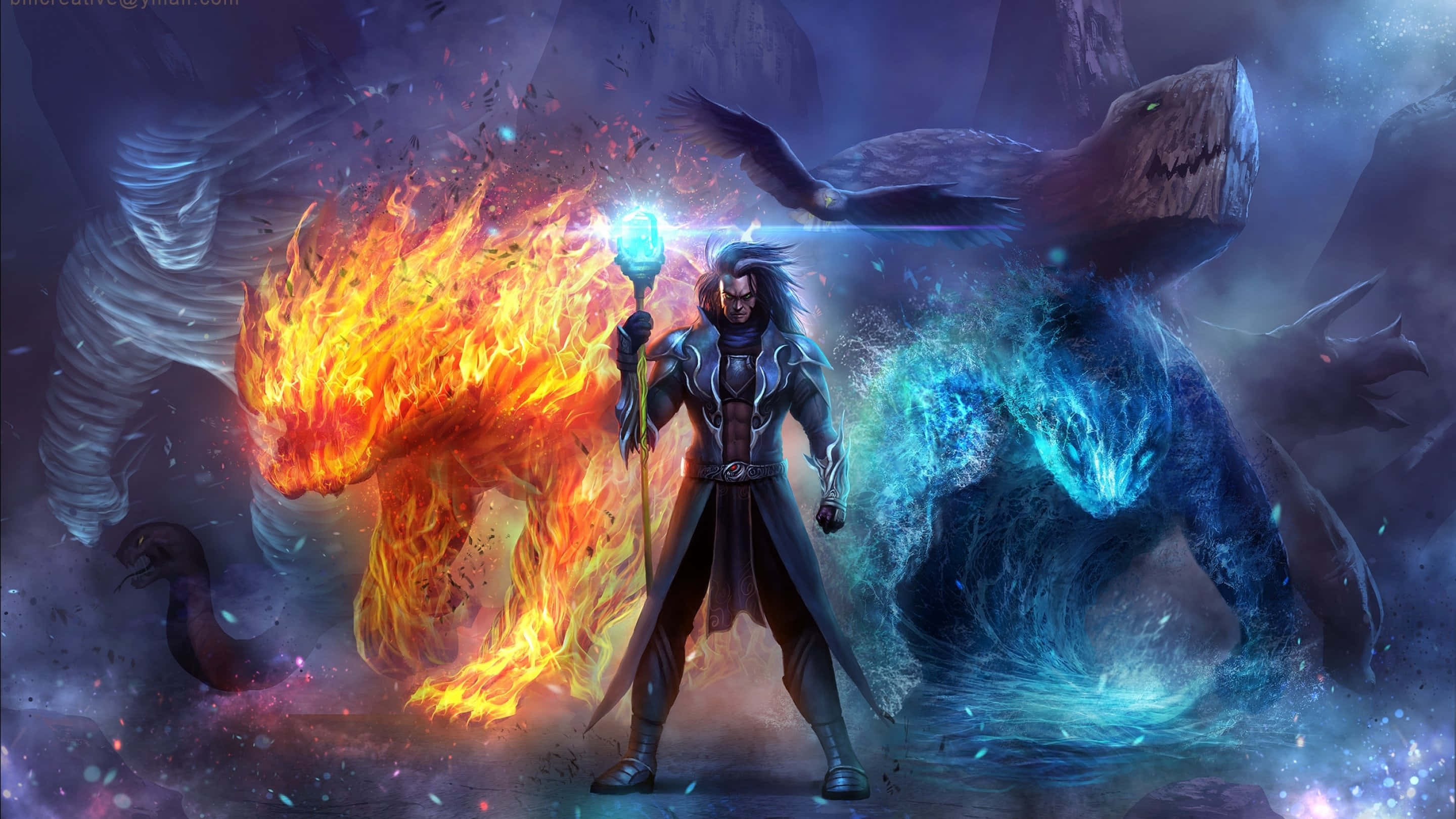 Sorcerer, glowing staff, fiery elemental beasts, 2K Desktop Wallpaper