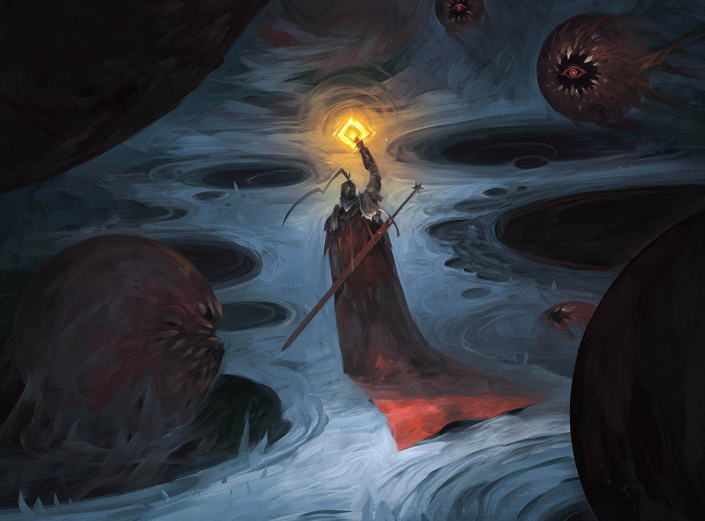 Sorcerer, glowing cube, swirling dark voids, Full HD Desktop Wallpaper