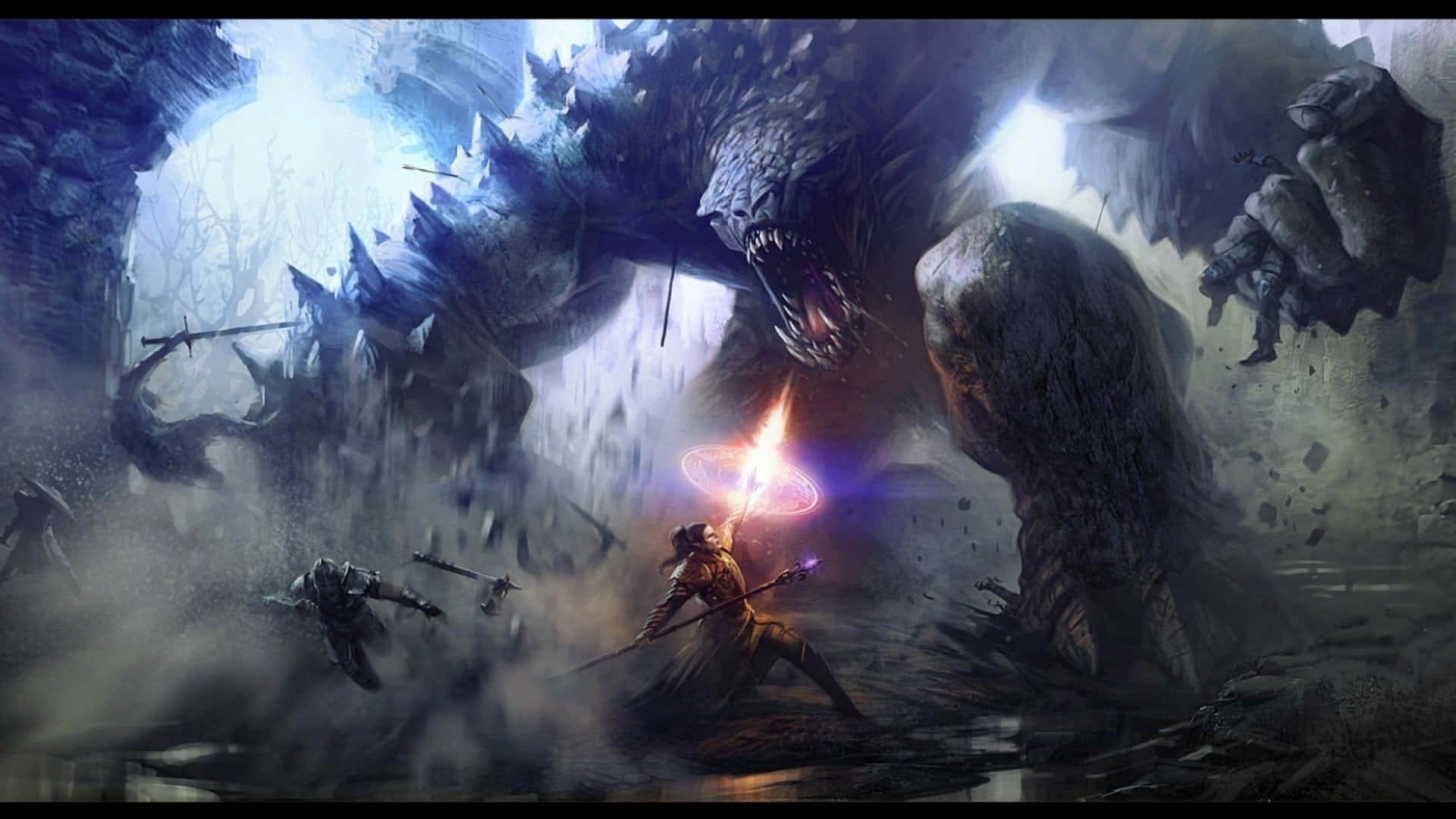 Sorcerer, glowing sword, colossal monstrous beast, Full HD Desktop Wallpaper