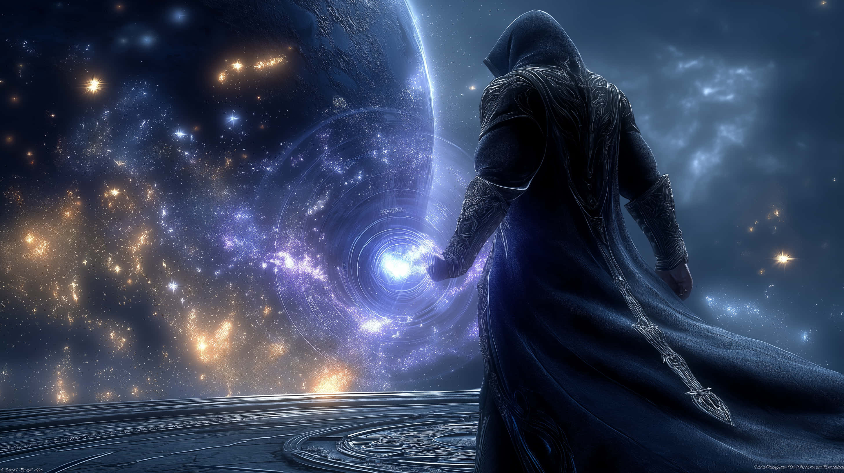 Cosmic Sorcerer, starry sky, glowing cosmic vortex, 2K Desktop Wallpaper