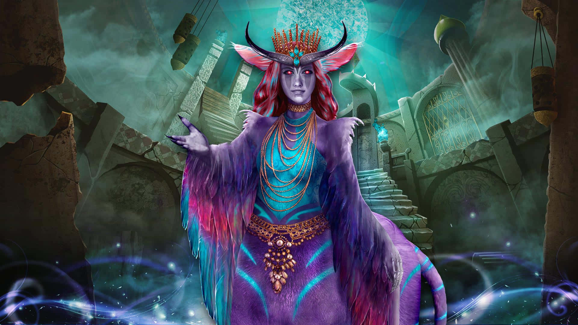 mystical sorceress, purple robes, glowing moonlit ruin, Full HD Desktop Wallpaper