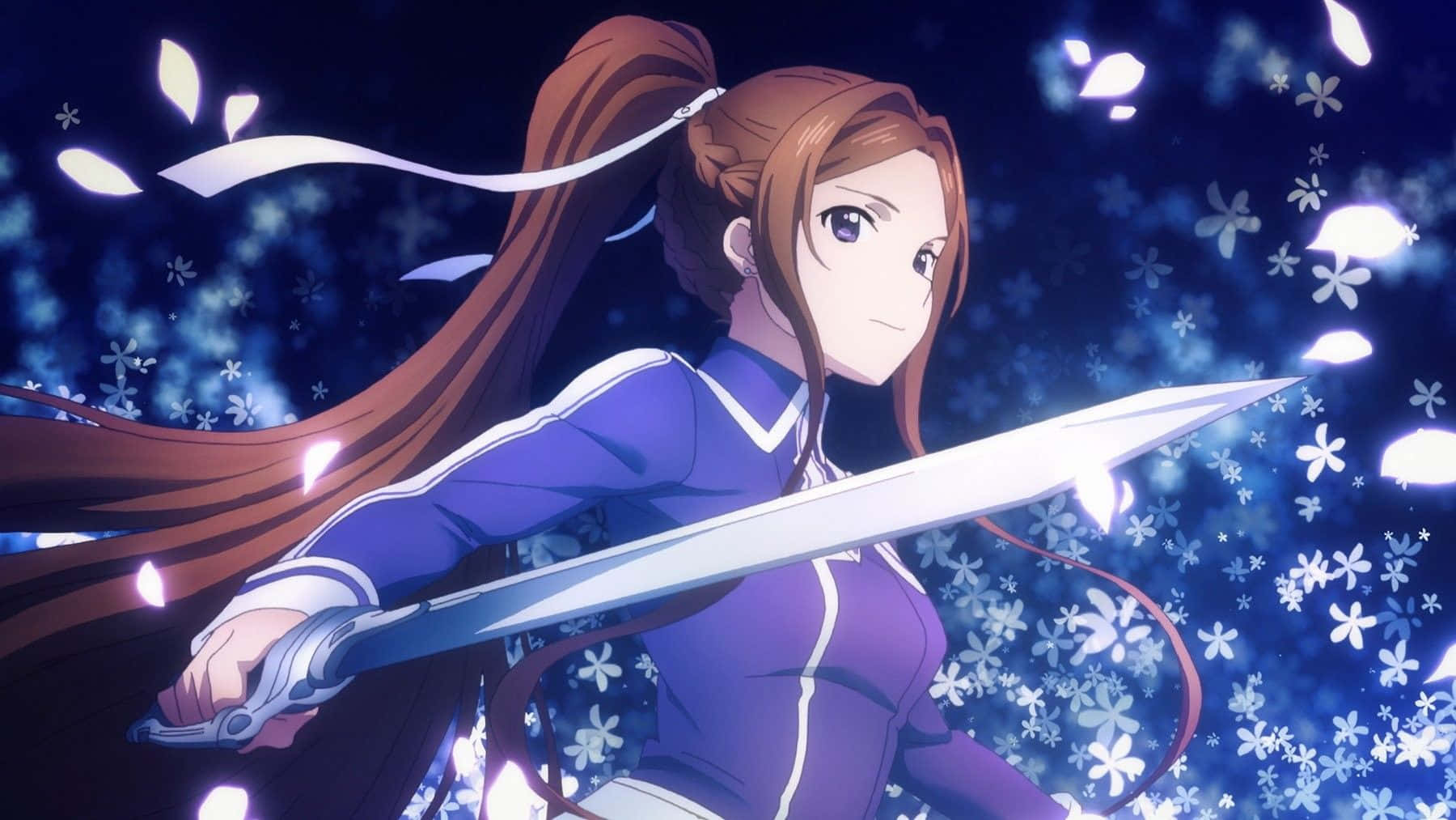 Sortiliena Serlut, glowing sword, falling white flowers, HD Desktop Wallpaper