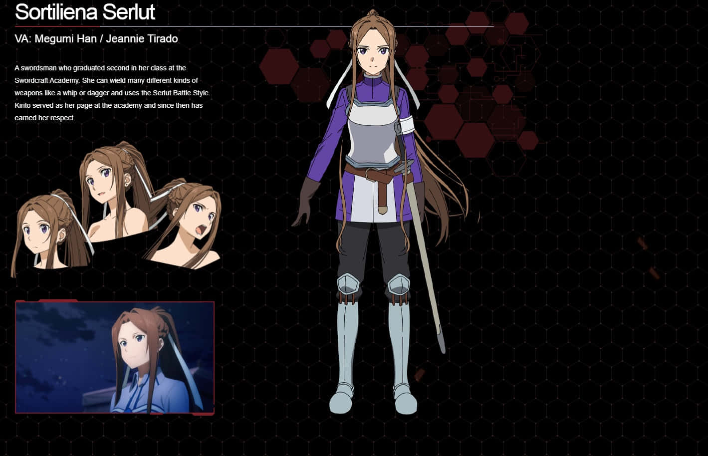 Sortiliena Serlut, swordsmanship gear, dark hexagonal grid background, HD Desktop Wallpaper