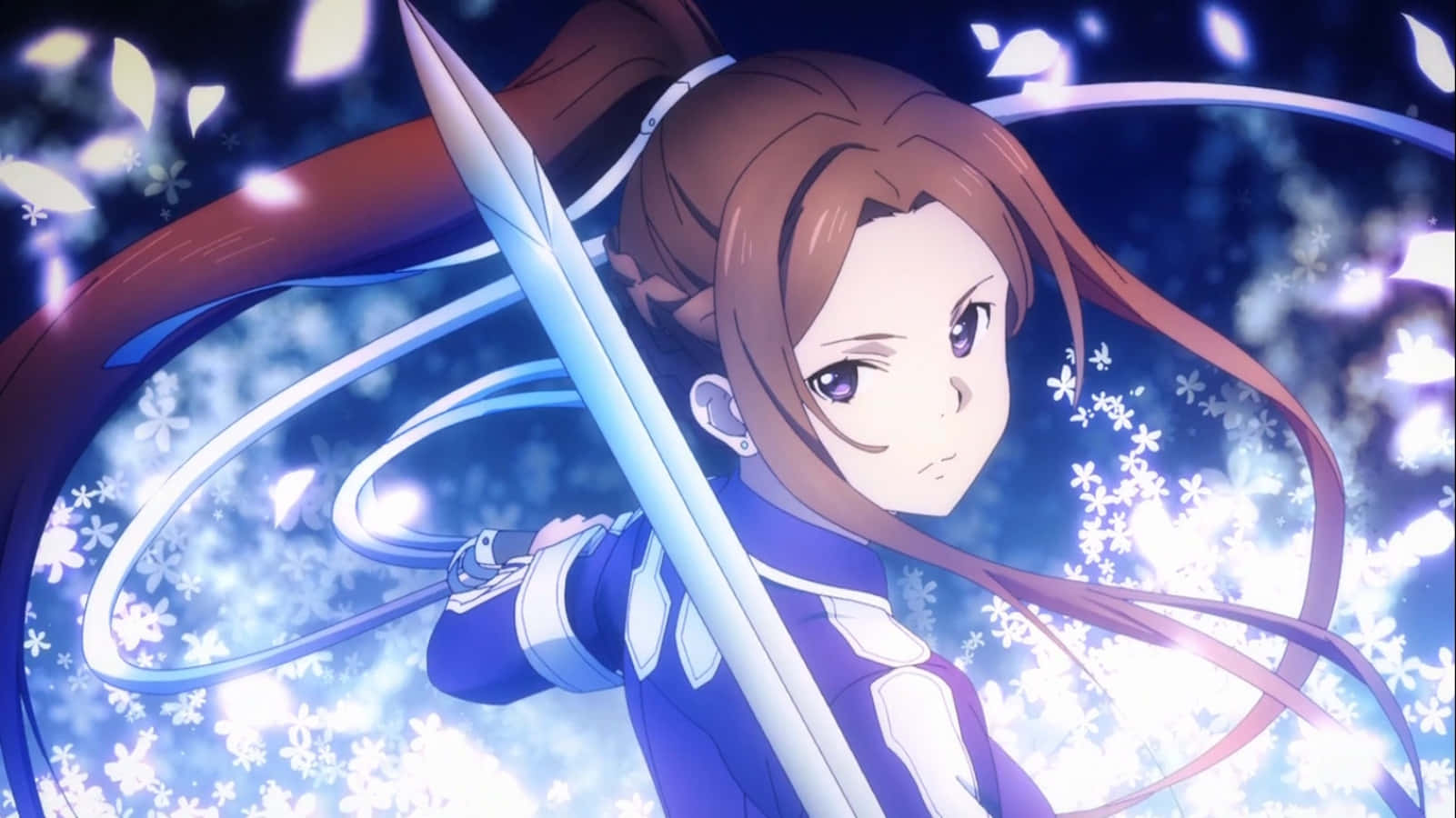 Sortiliena Serlut, glowing sword, swirling blue snowflakes, HD Desktop Wallpaper
