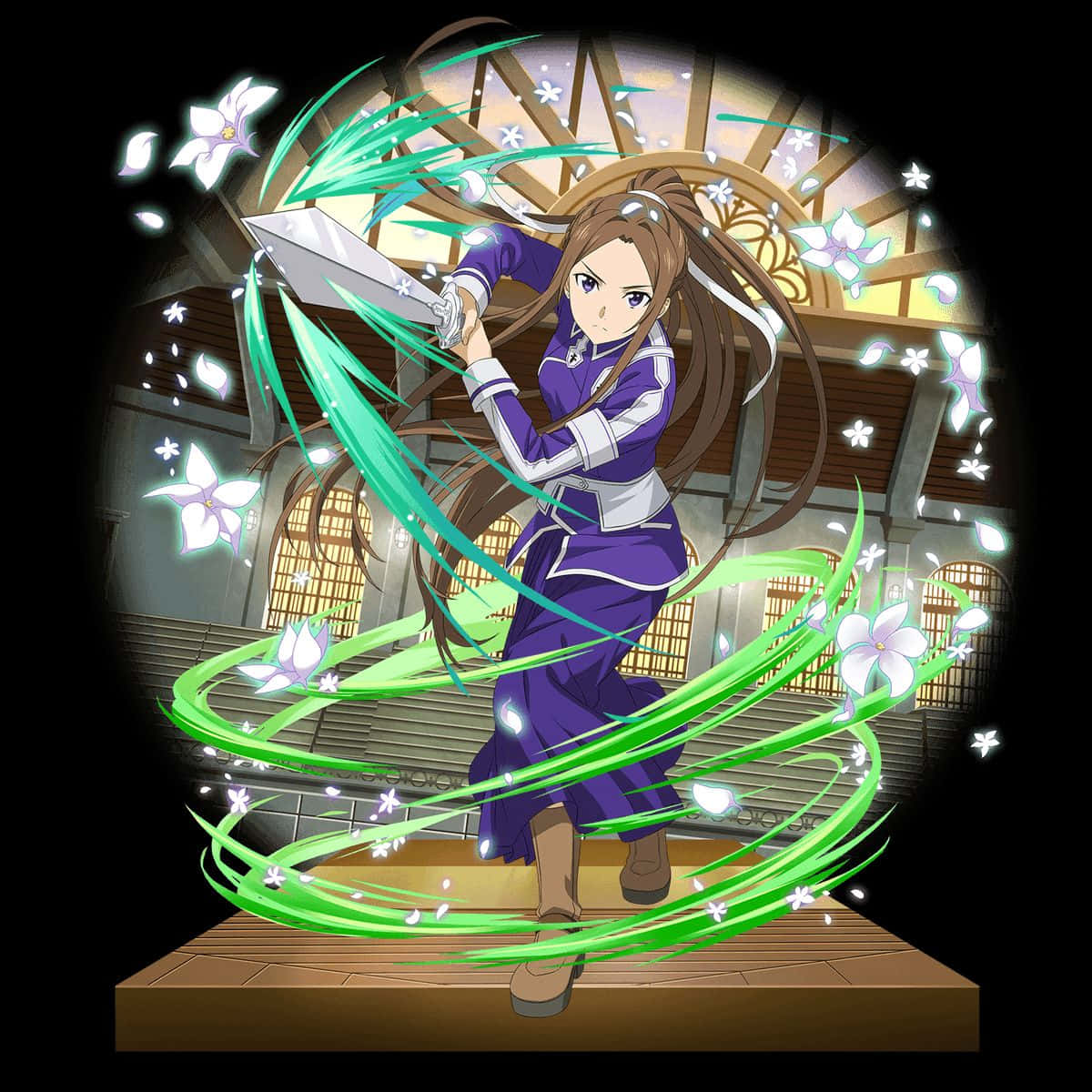 Sortiliena Serlut, purple outfit, glowing green sword, SD Desktop Wallpaper