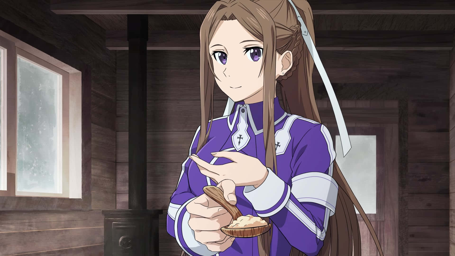 Sortiliena Serlut, purple uniform, wooden bowl, Full HD Desktop Wallpaper