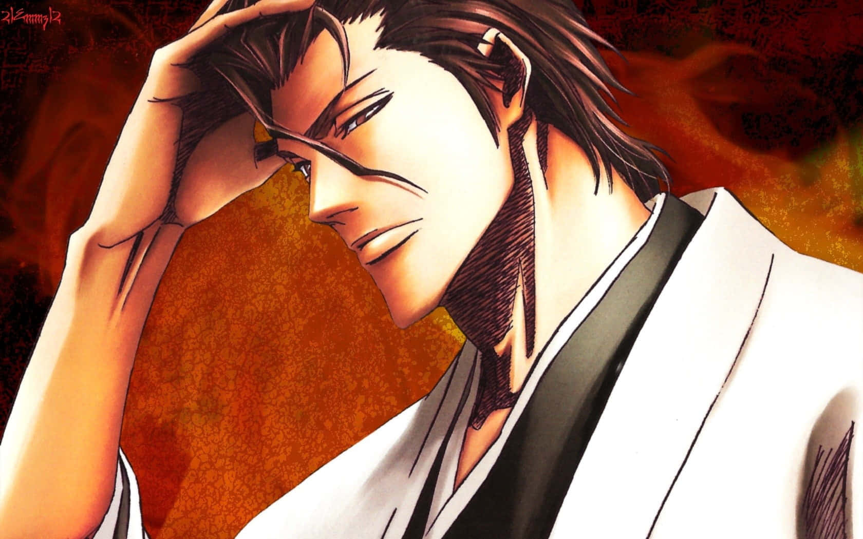 Sosuke Aizen, white robe, fiery orange background, HD Desktop Wallpaper