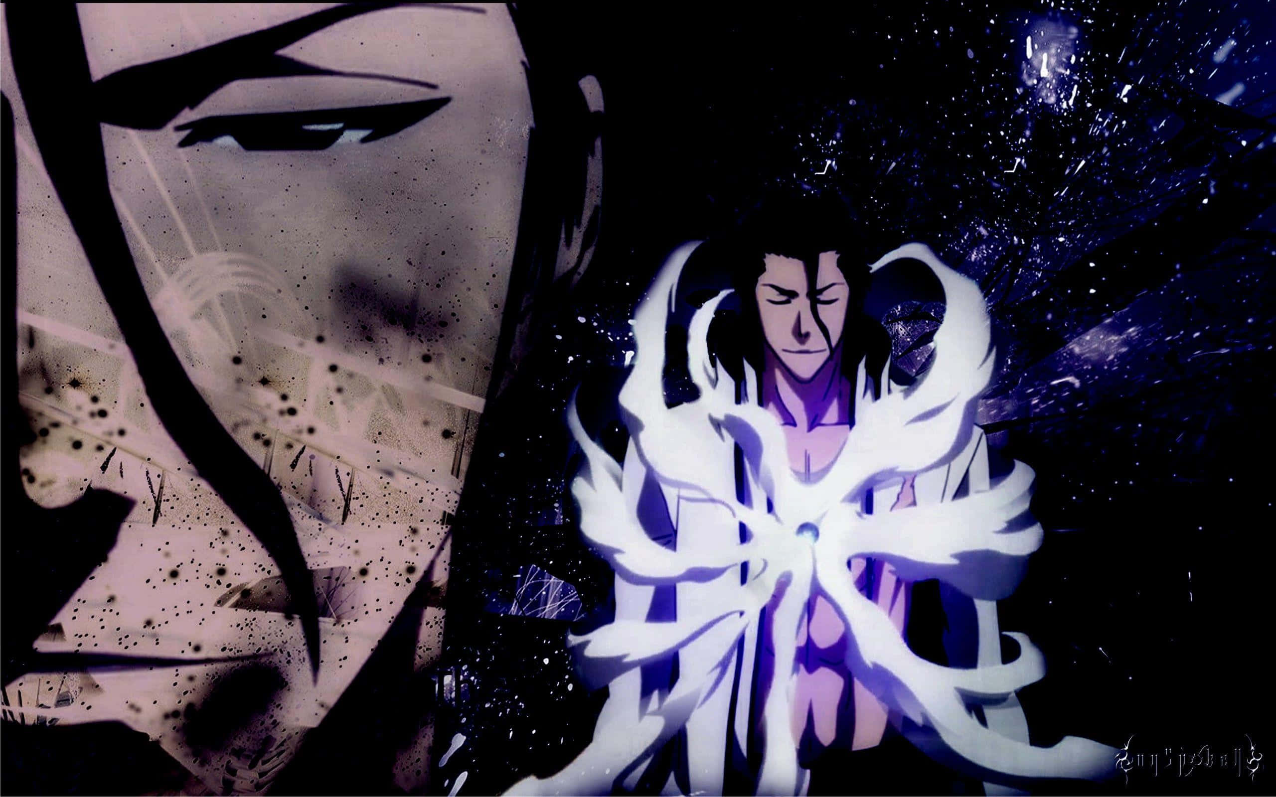 Sosuke Aizen, glowing white energy figure, dark background, 2K Desktop Wallpaper