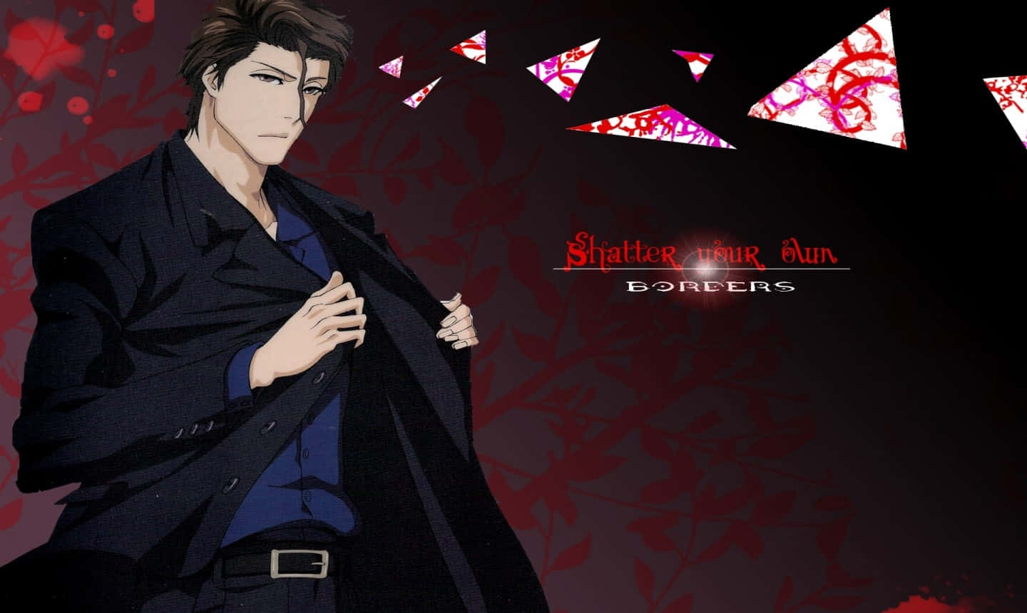 Sosuke Aizen, dark suit, red floral background, HD Desktop Wallpaper