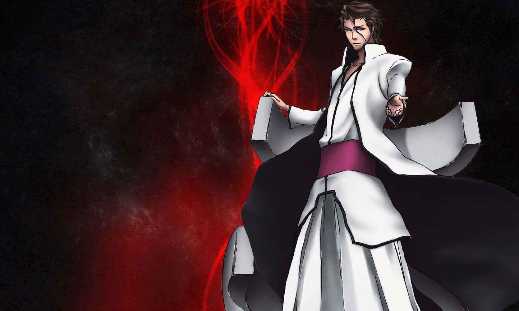 Sosuke Aizen, white and black robes, glowing red energy, HD Desktop Wallpaper