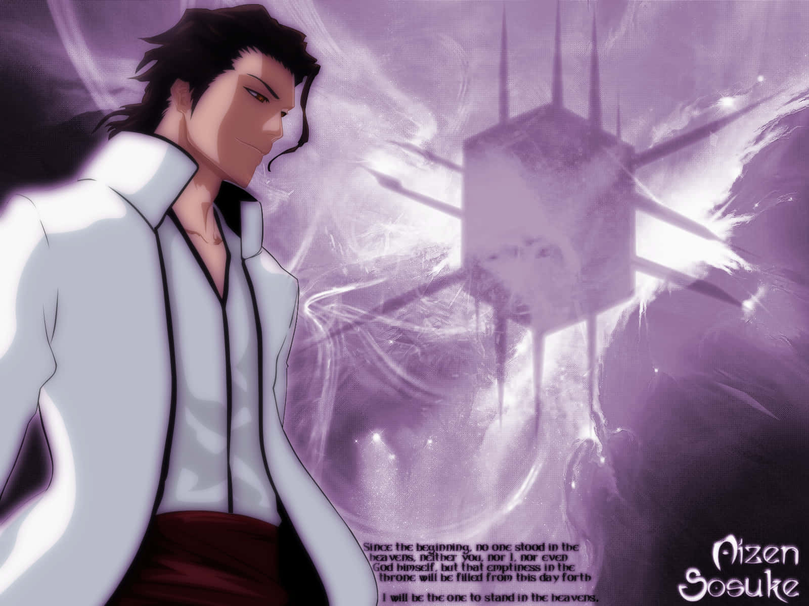 Sosuke Aizen, white coat, glowing purple spiritual weapon, HD Desktop Wallpaper