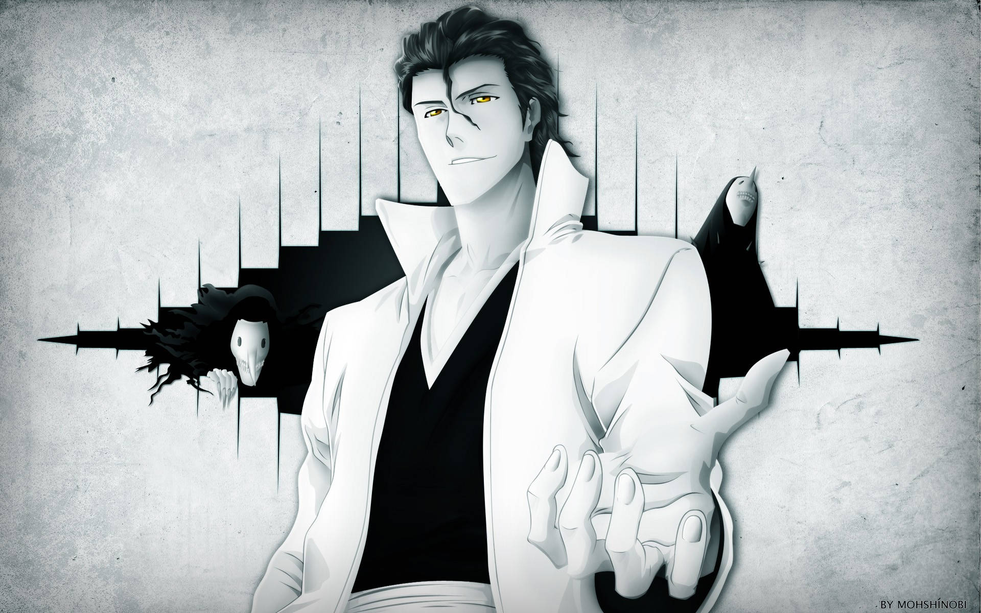 Sosuke Aizen, white coat, torn wall, Full HD Desktop Wallpaper