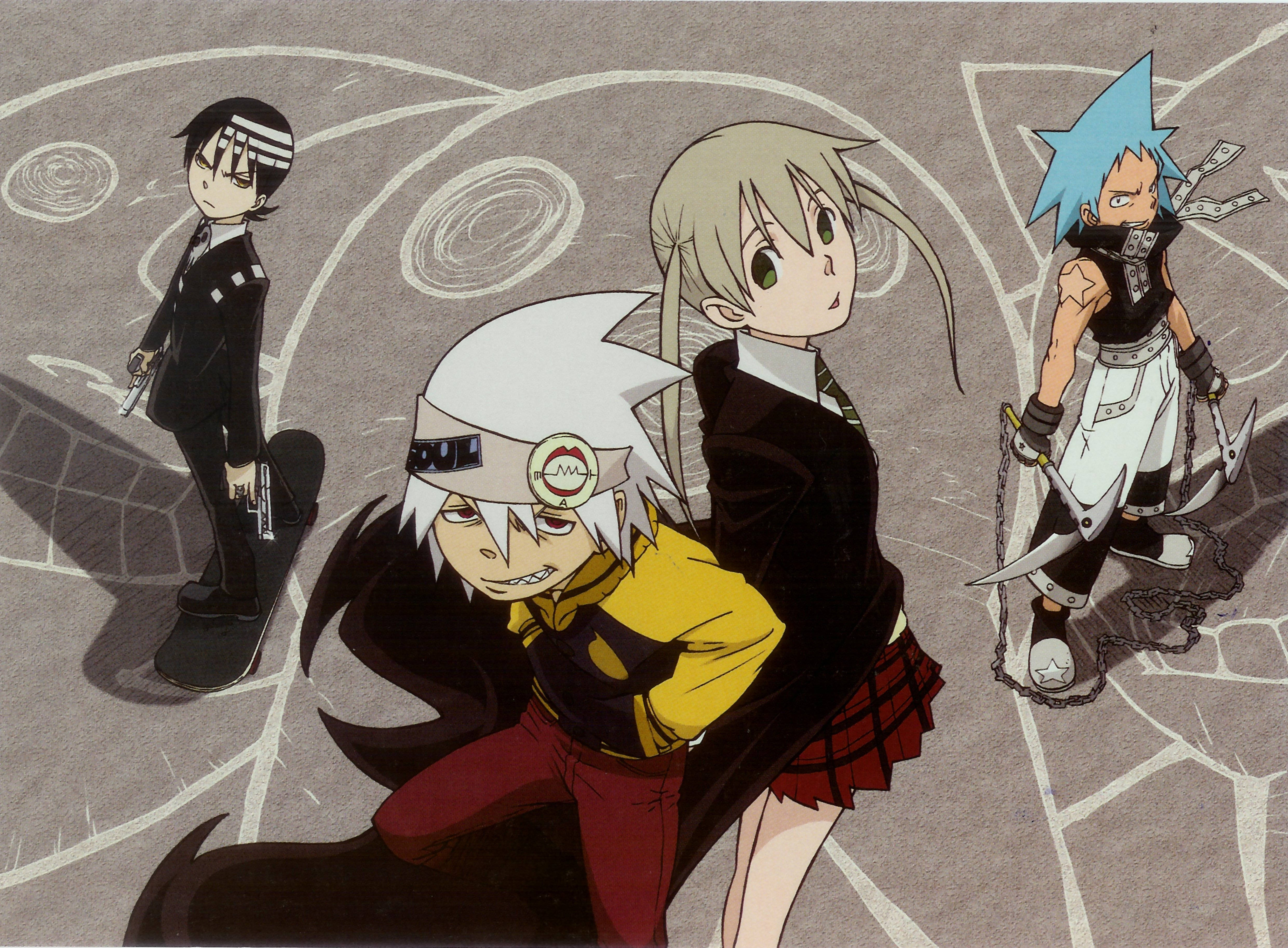 Soul Eater Characters, cracked concrete, chalk-like circular markings, 4K Desktop Wallpaper