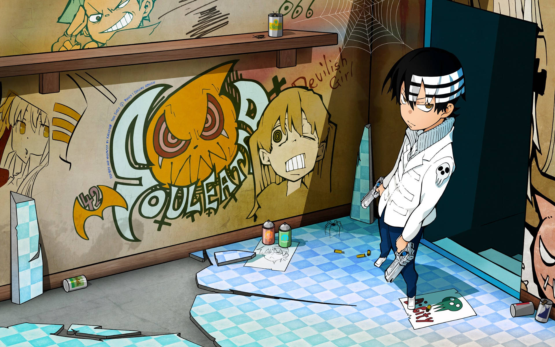 Soul Eater Characters, white coat, checkered floor, Full HD Desktop Wallpaper