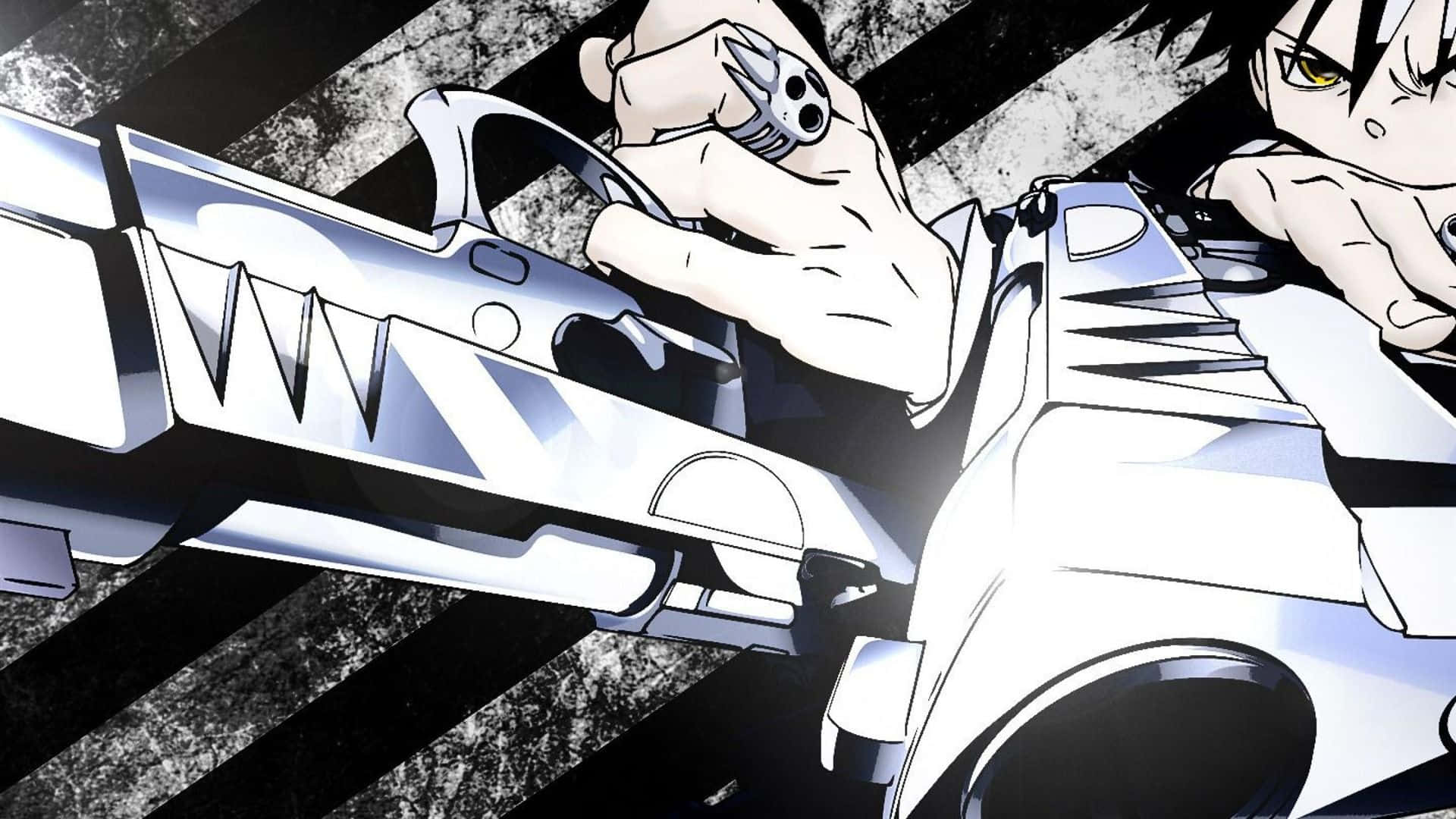 Death The Kid, futuristic silver gun, stark black and white striped background, Full HD Desktop Wallpaper