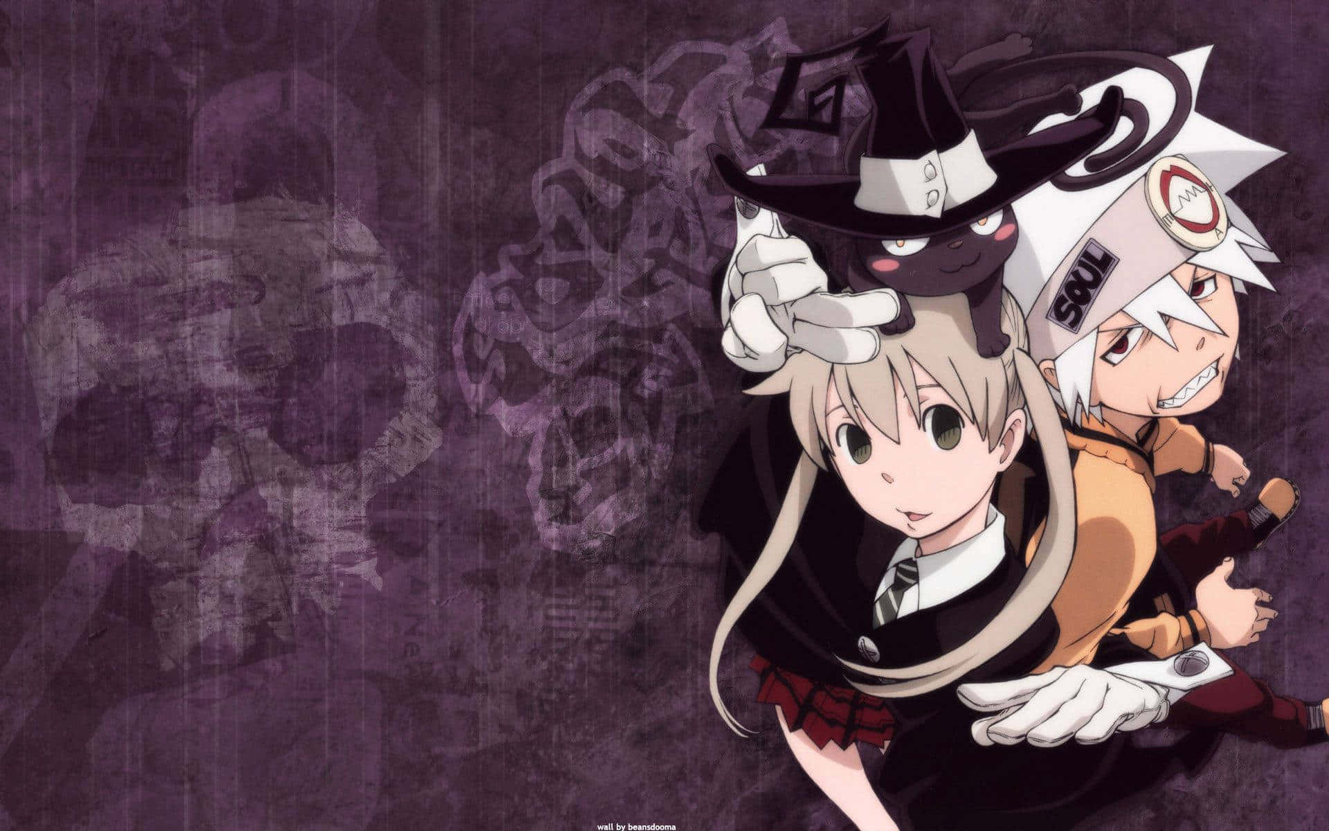 Soul Eater Manga, black cat, purple skull-patterned background, Full HD Desktop Wallpaper