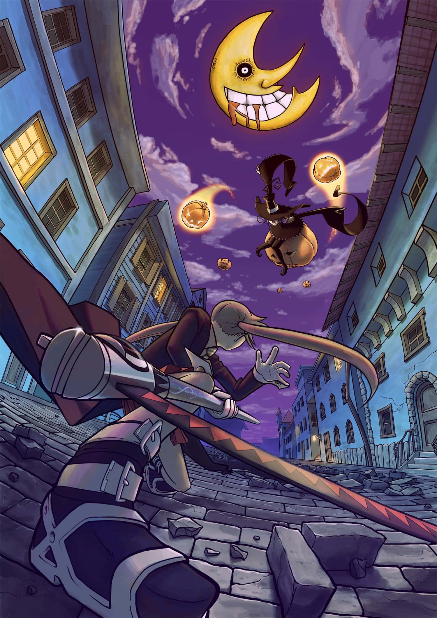 Soul Eater Manga, crescent moon, purple-hued urban alley, Full HD Phone Wallpaper