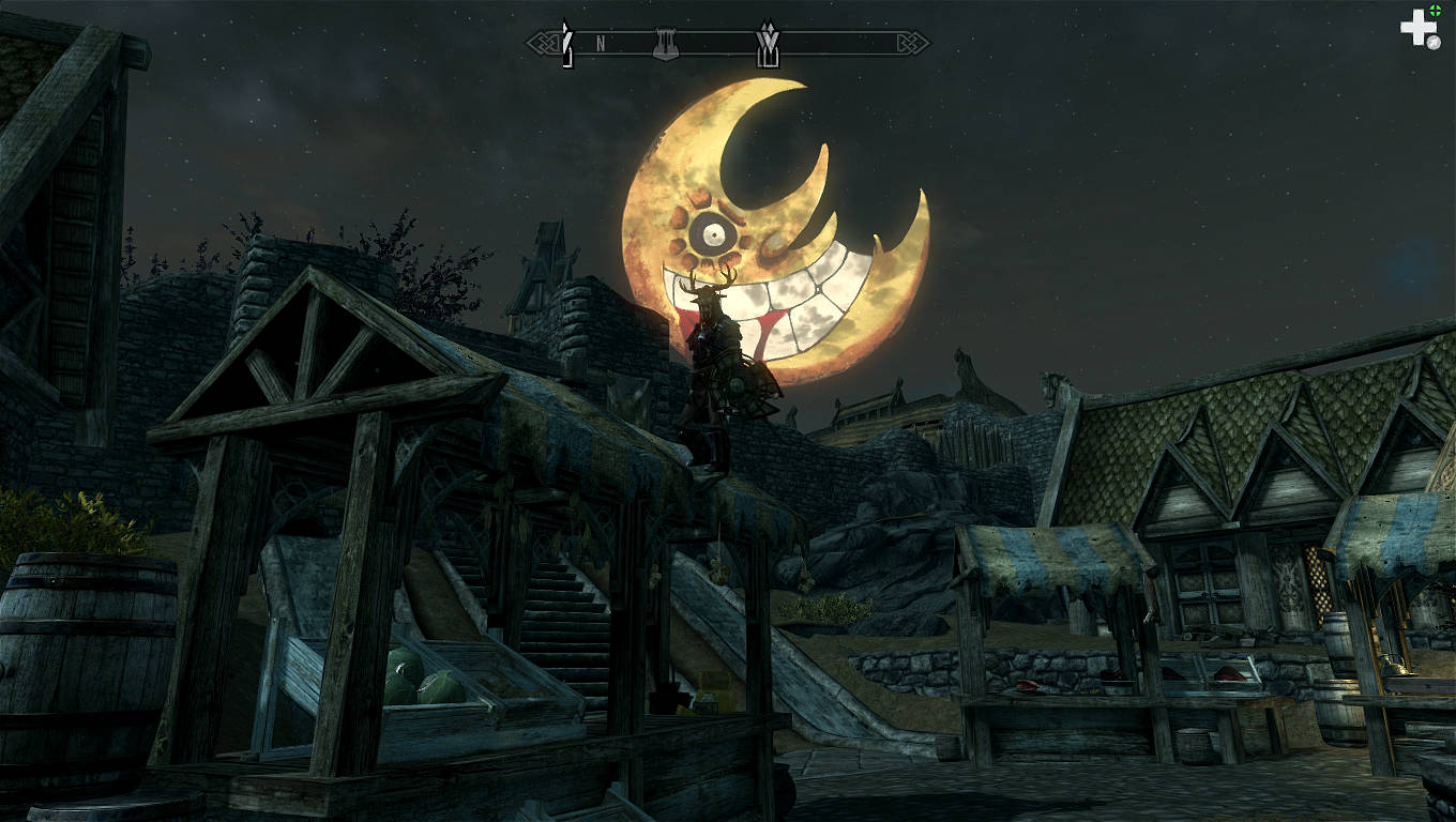 Soul Eater Moon, crescent moon with a grinning face, dark medieval village, HD Desktop Wallpaper