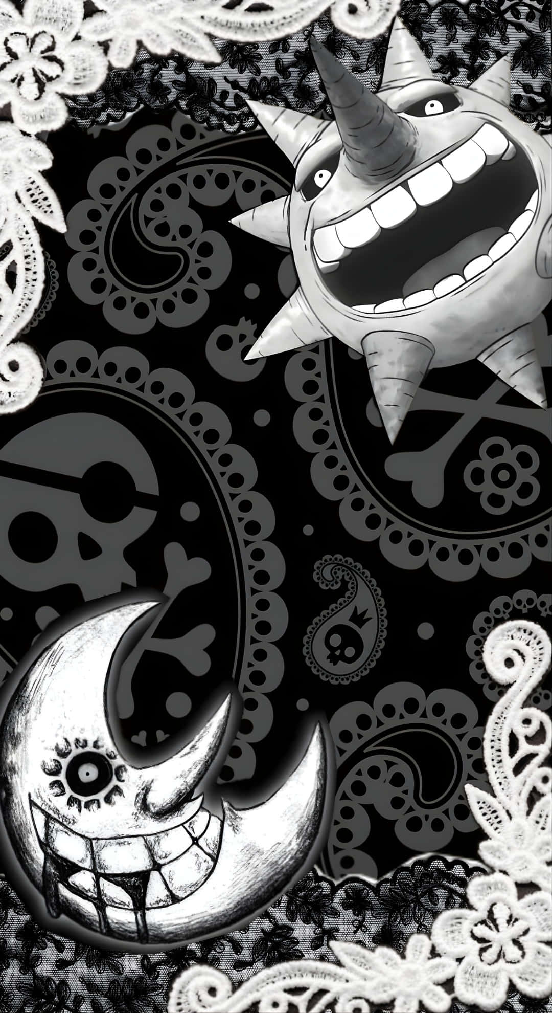 Soul Eater Sun And Moon, spiked horned creature, crescent moon with a face, Full HD Phone Wallpaper