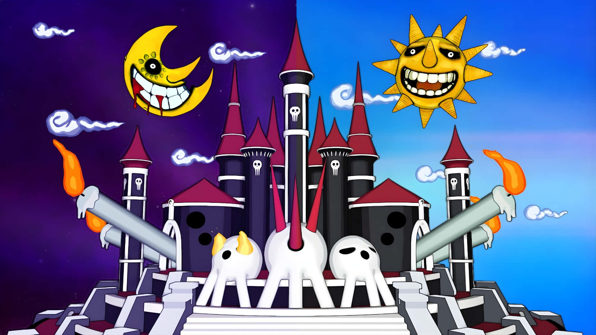 Soul Eater Sun And Moon, skull towers, ghostly figures, Full HD Desktop Wallpaper