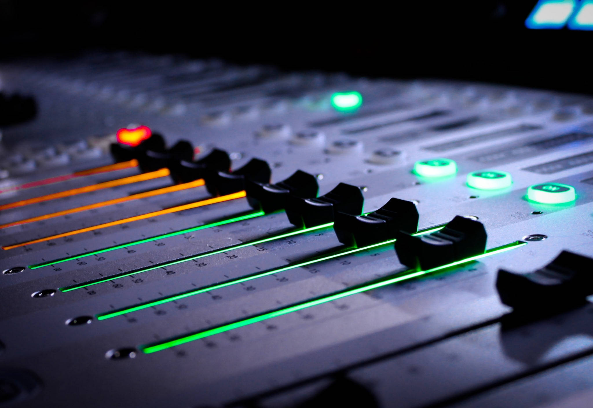audio mixing console, glowing green and orange faders, dark background, Full HD Desktop Wallpaper