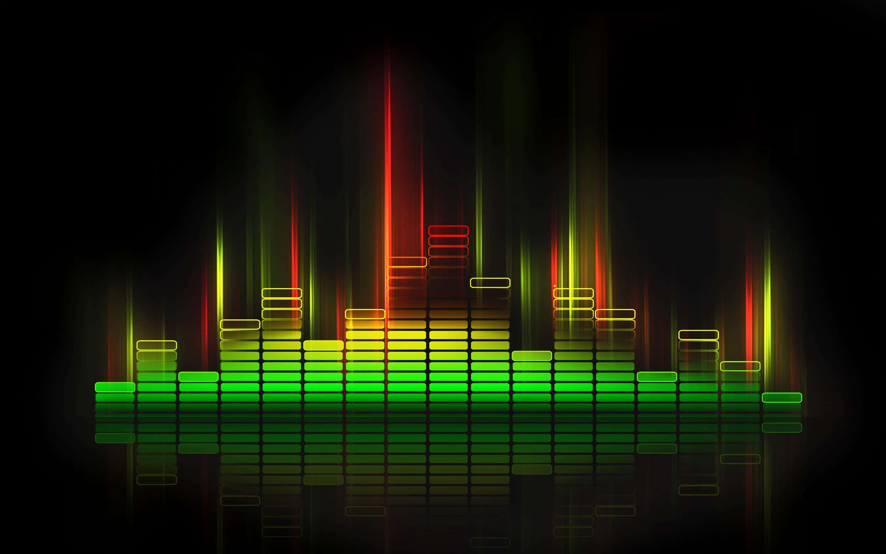 neon audio equalizer bars, green yellow and red light, dark background, 2K Desktop Wallpaper