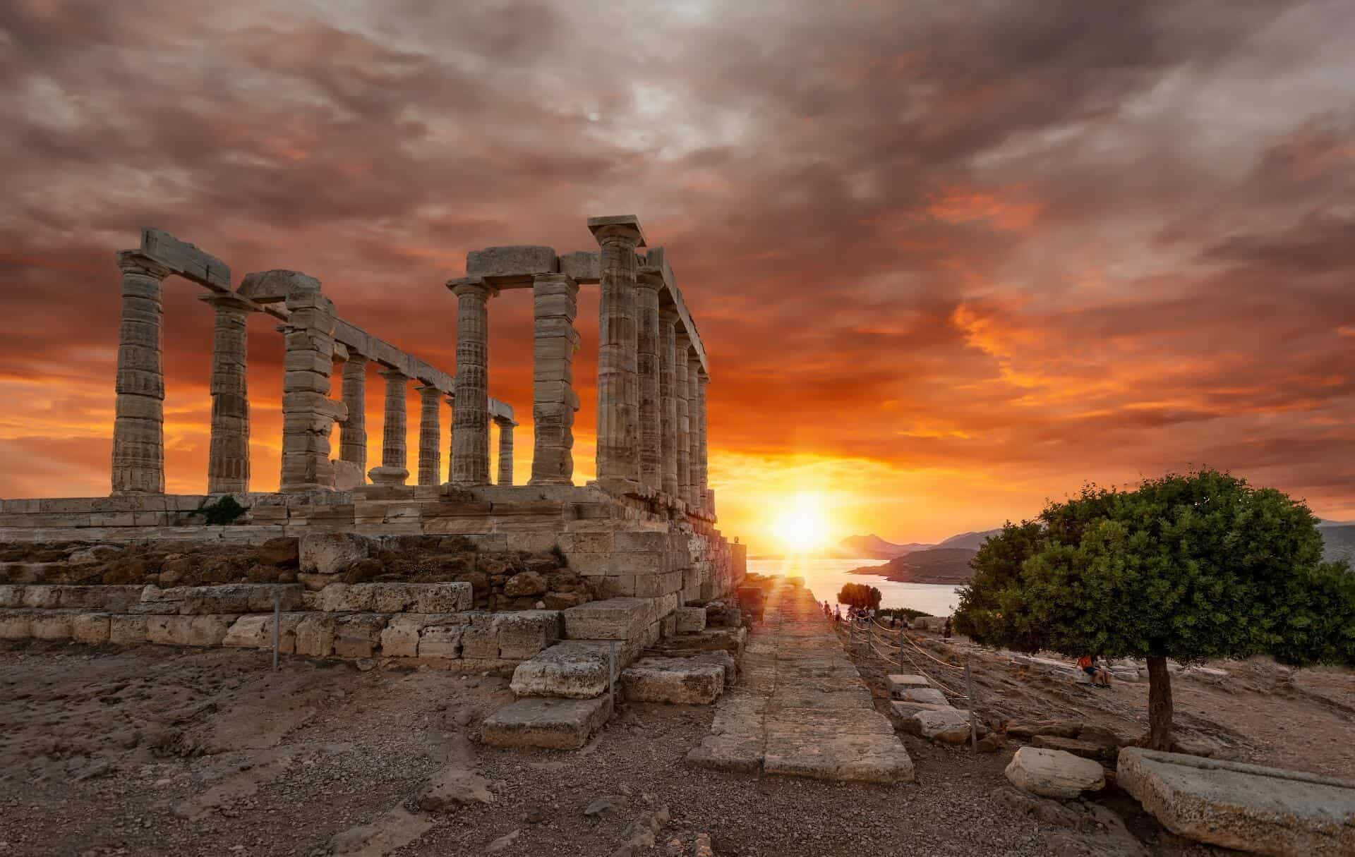 Sounion, ancient temple ruins, fiery sunset sky, Full HD Desktop Wallpaper