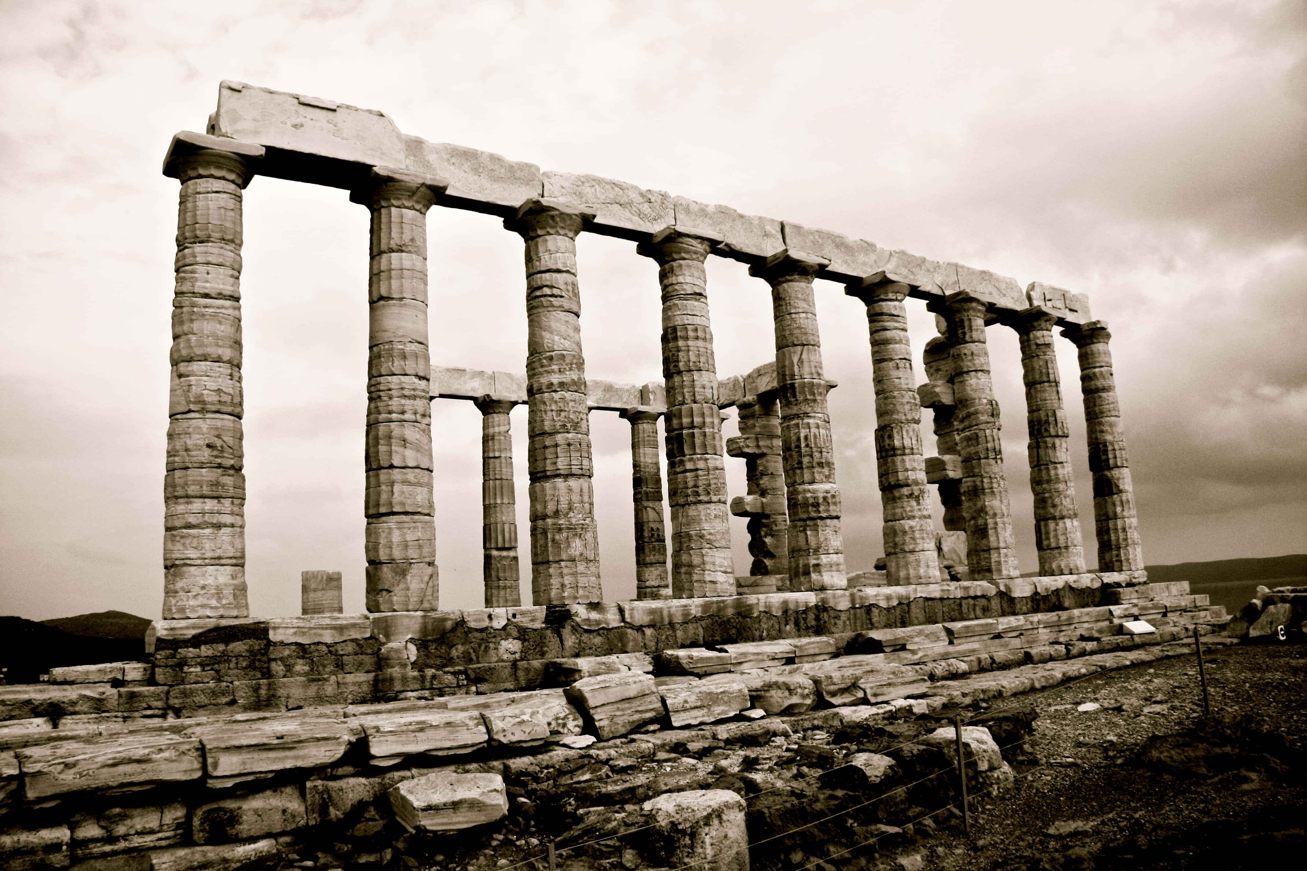 Sounion, stone pillars, ancient stone temple ruins, 4K Desktop Wallpaper