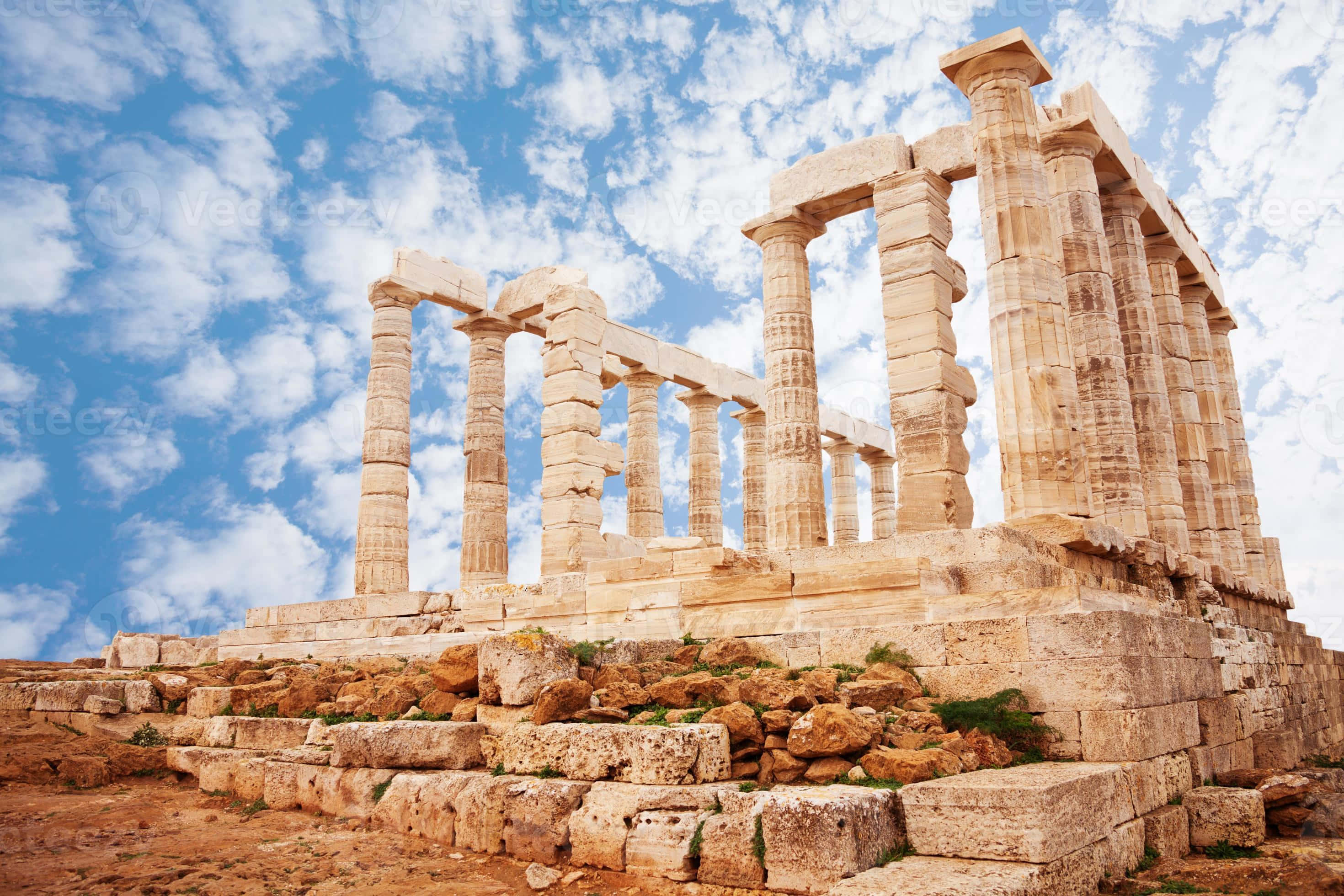 Sounion, ancient Greek temple ruins, towering stone columns, 2K Desktop Wallpaper