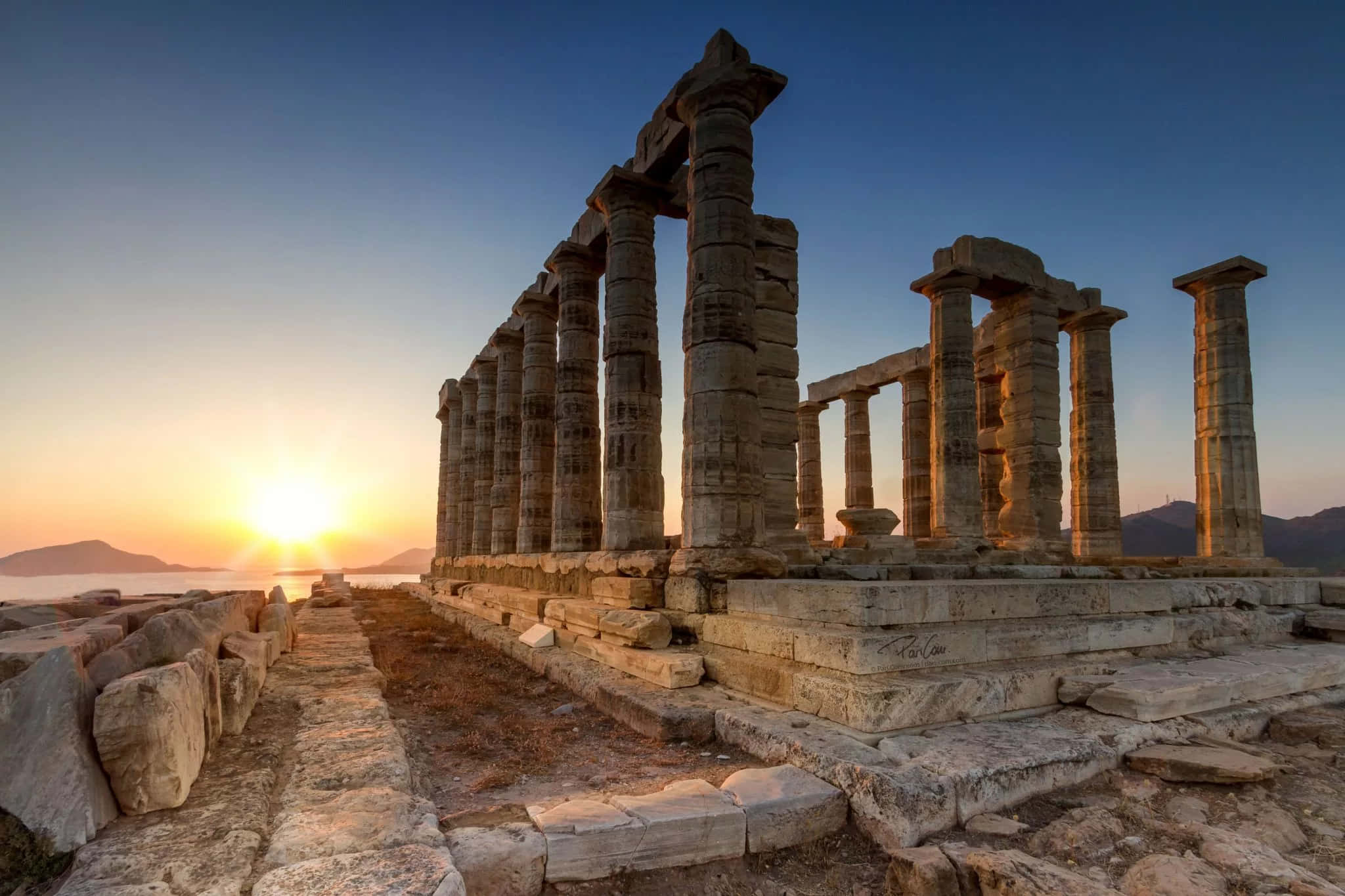 Sounion, blue and orange sunset, ancient stone temple columns, Full HD Desktop Wallpaper