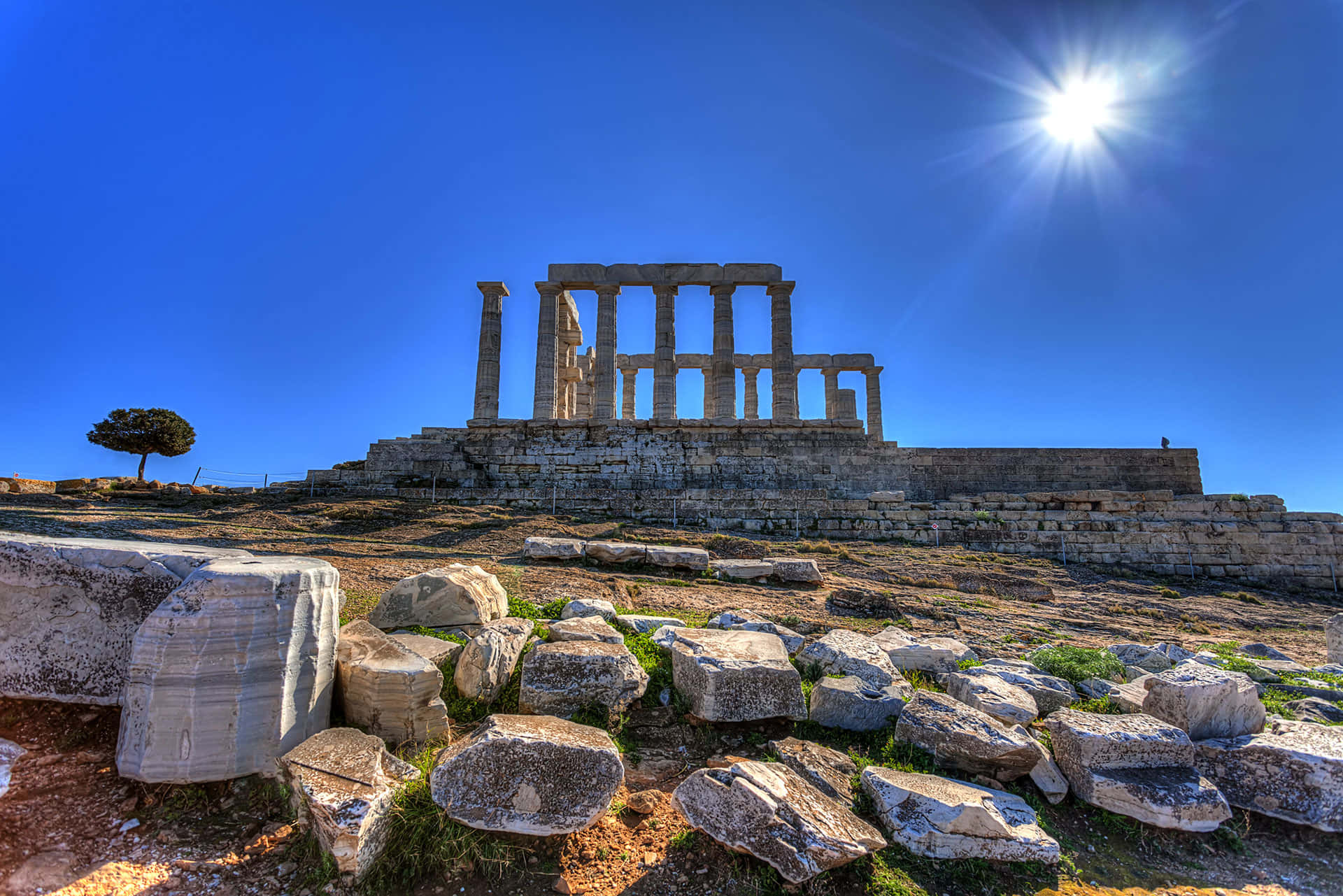 Sounion, ancient temple ruins, stone terraces, Full HD Desktop Wallpaper