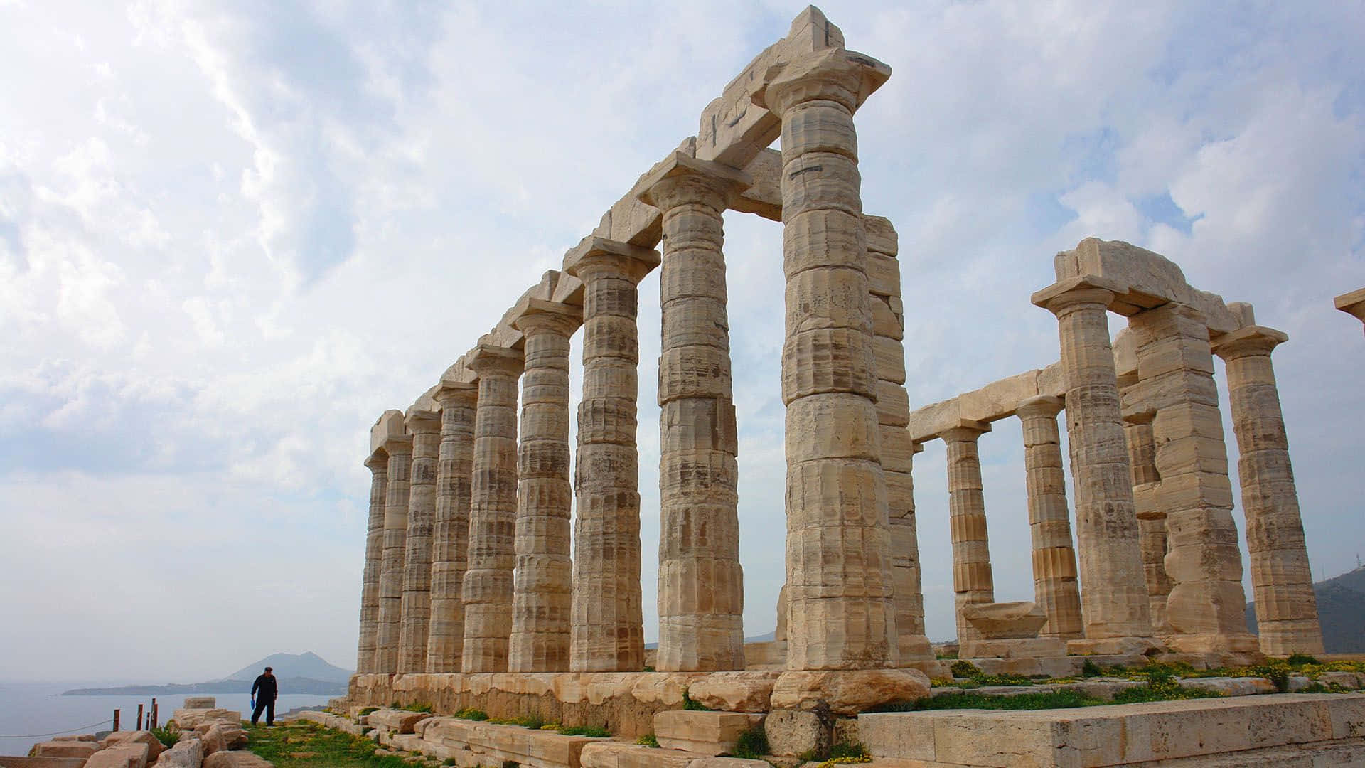 Sounion, tall stone pillars, ancient stone temple columns, Full HD Desktop Wallpaper