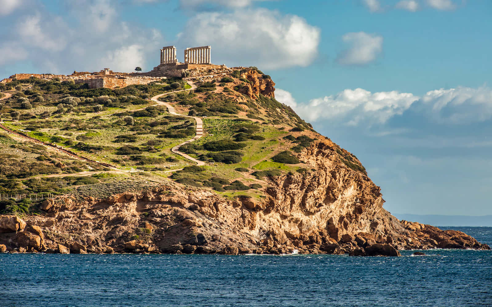 Sounion, ancient temple ruins, rugged cliff, HD Desktop Wallpaper