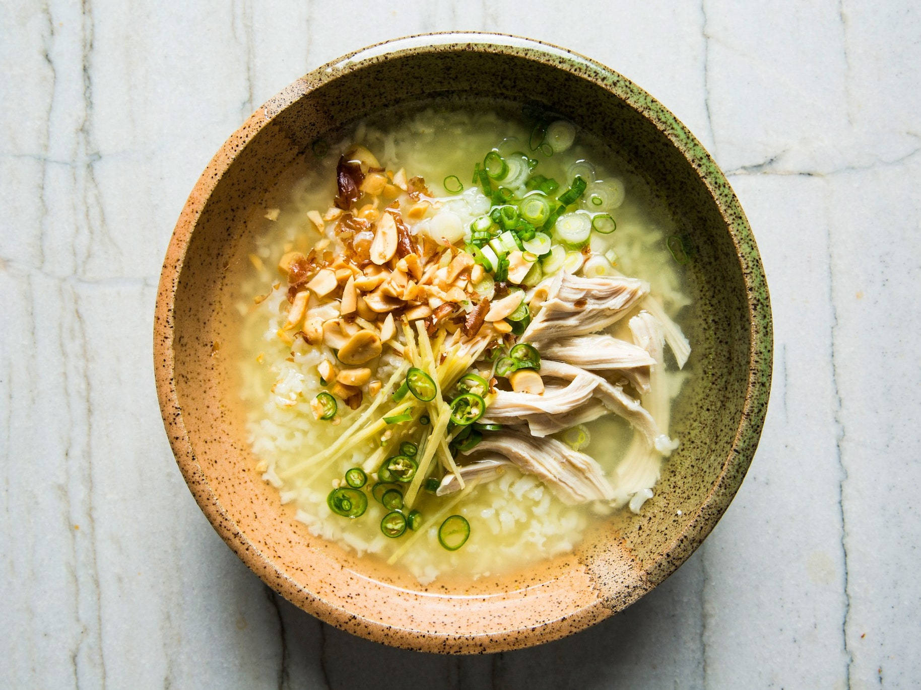 Asian Chicken And Rice Soup, rustic ceramic bowl, steaming rice porridge, HD Desktop Wallpaper