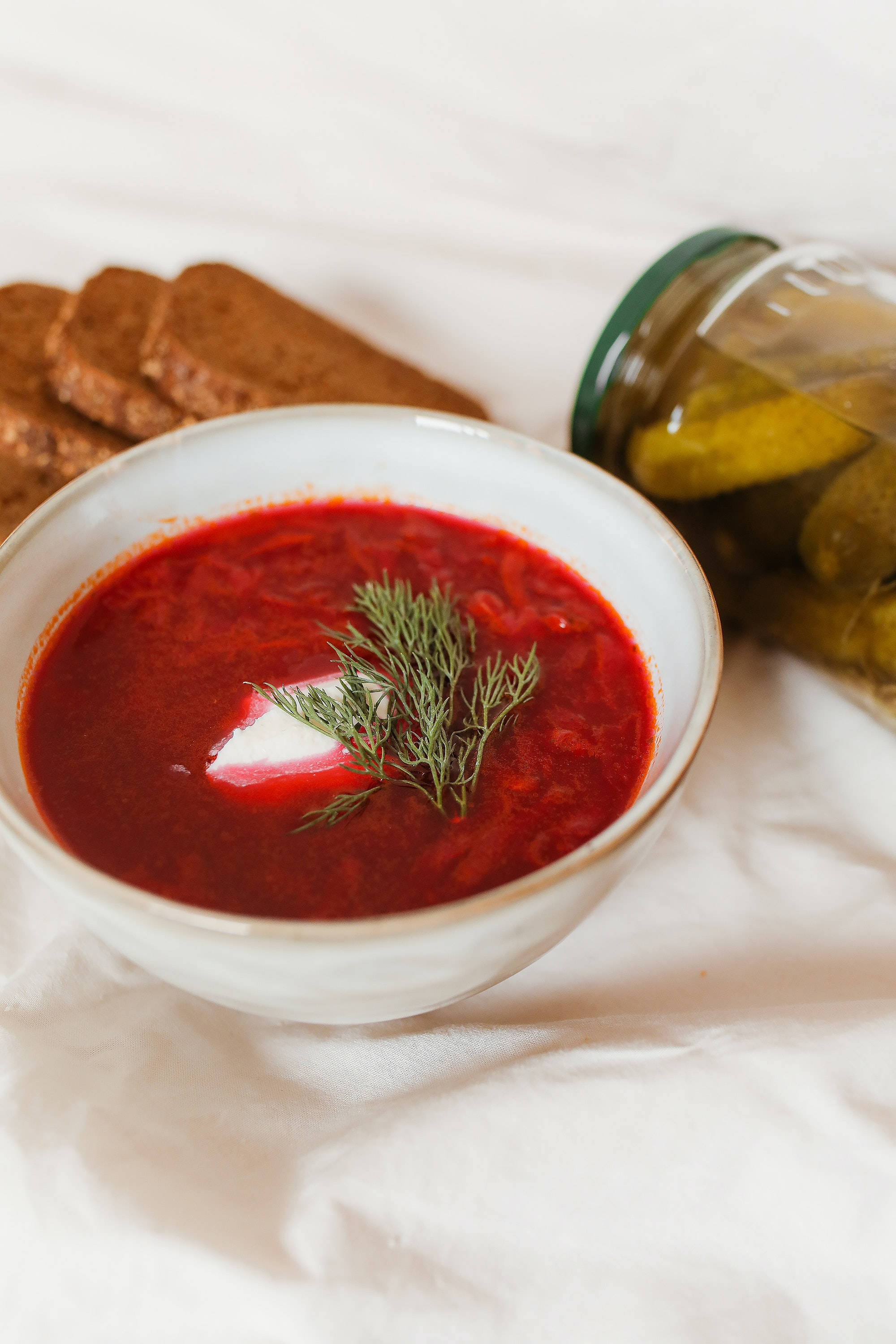 red borscht soup, white bowl, sour cream, 2K Phone Wallpaper