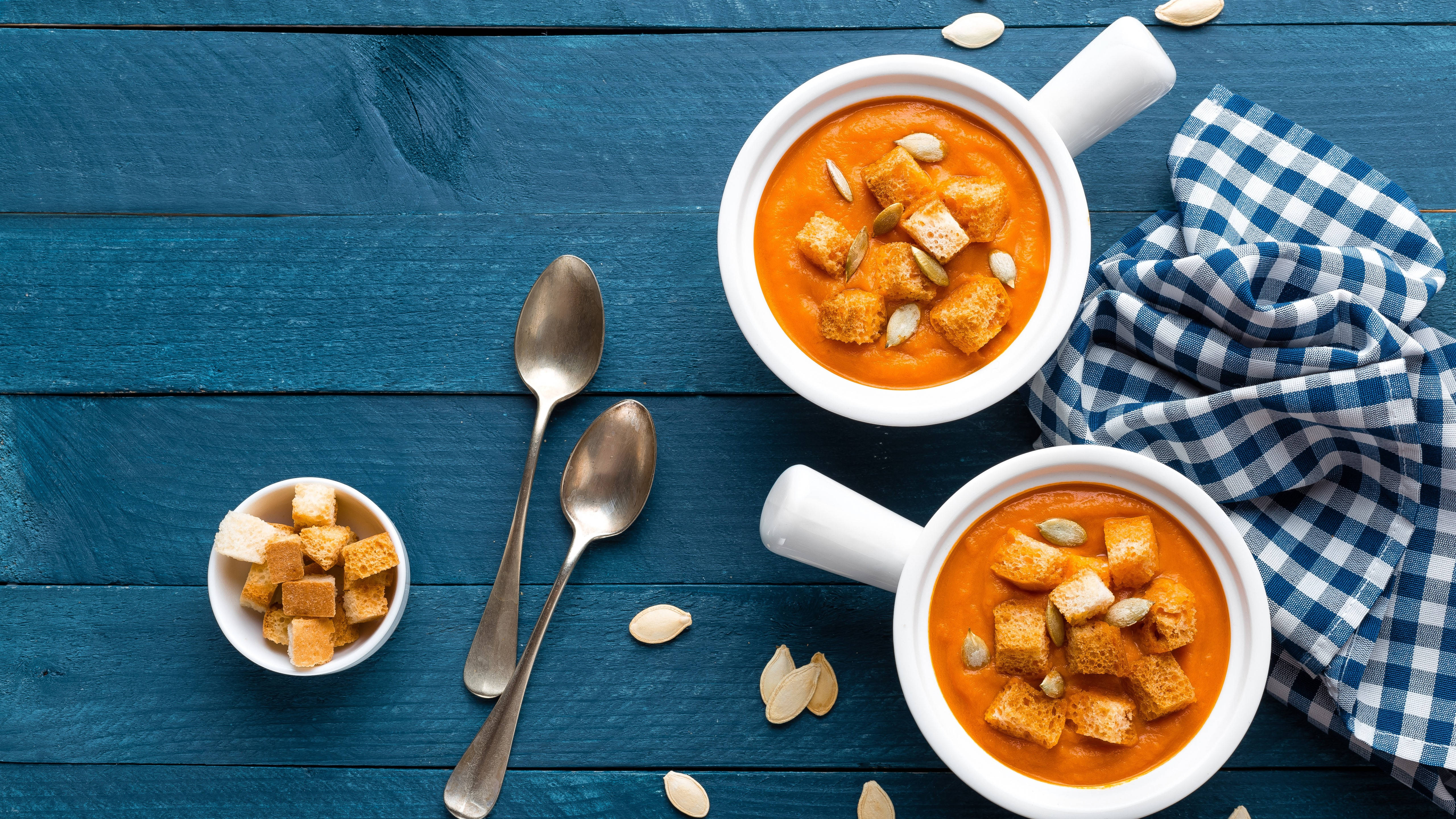 pumpkin soup, crouton toppings, rusted blue wooden table, 5K Desktop Wallpaper