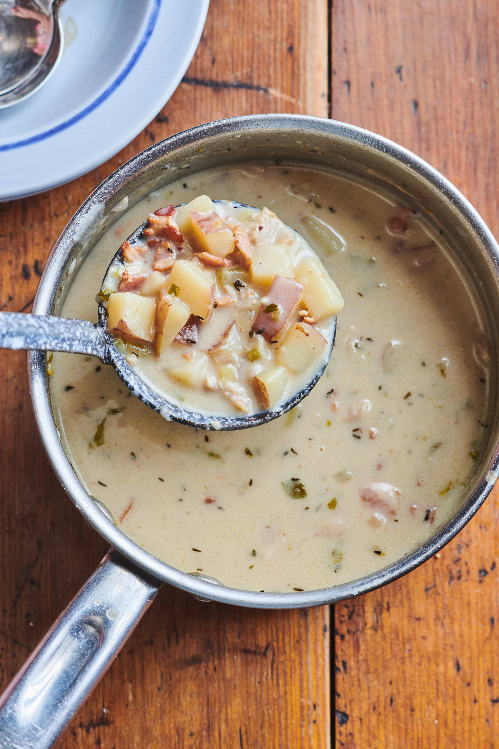 New England Clam Chowder, silverware scoop, stainless steel pot, 2K Phone Wallpaper
