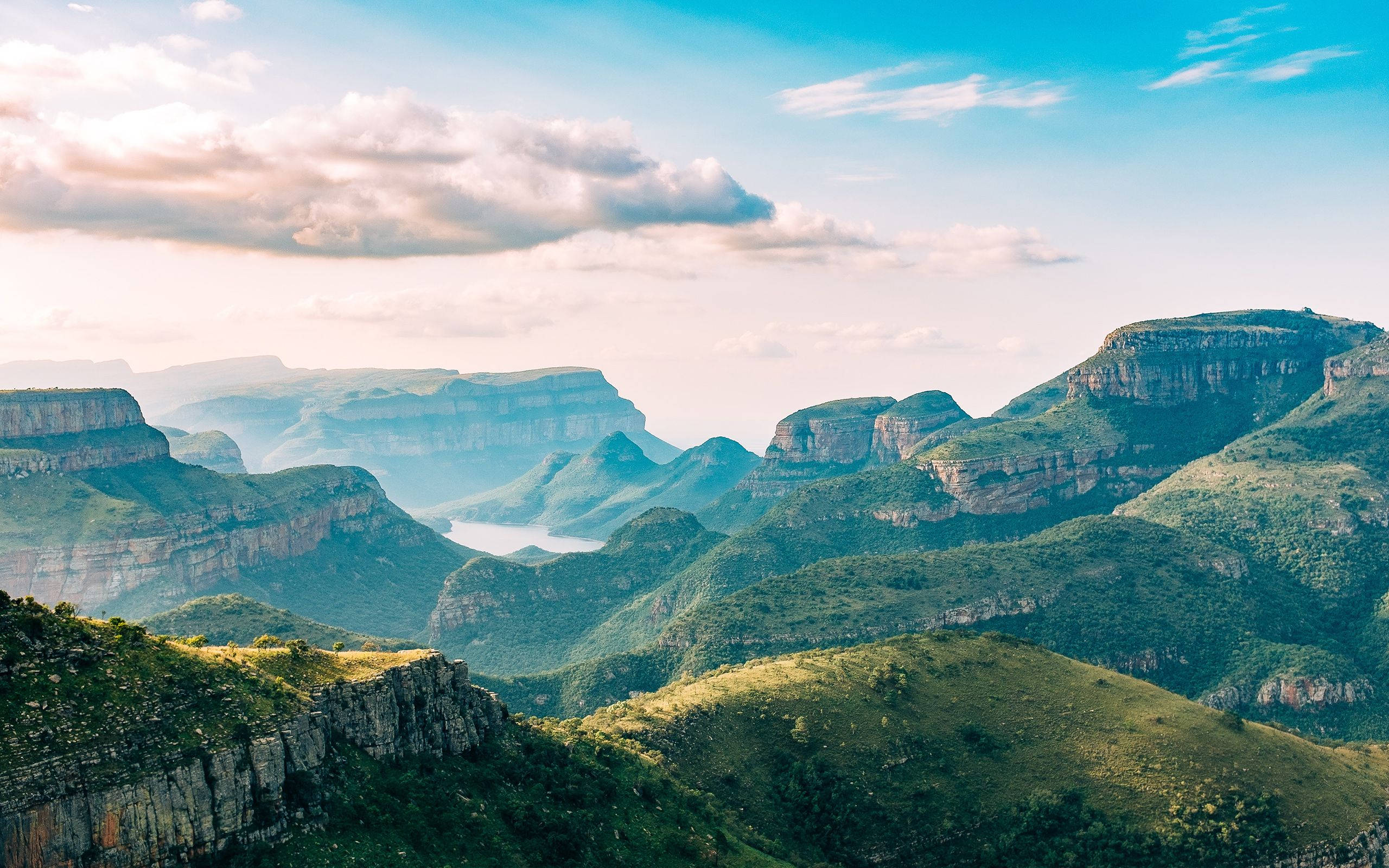 South Africa, green mountain ranges, bright blue sky, 2K Desktop Wallpaper