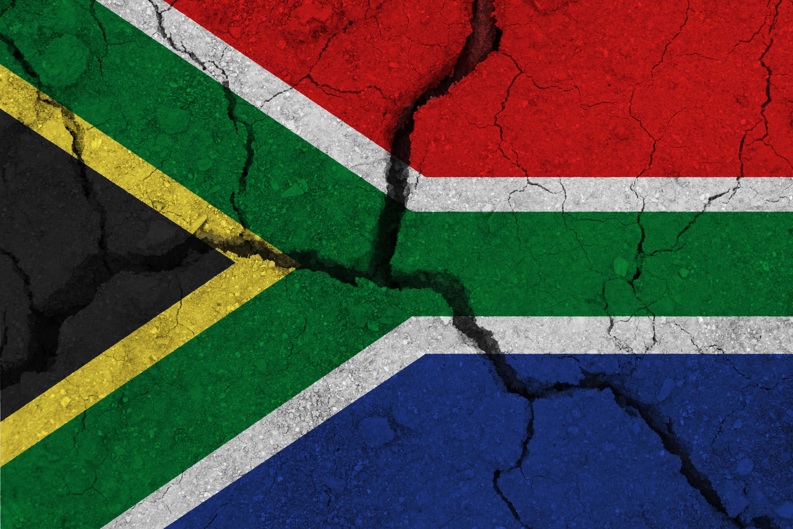 South Africa flag, cracked concrete, deep fissures, 2K Desktop Wallpaper