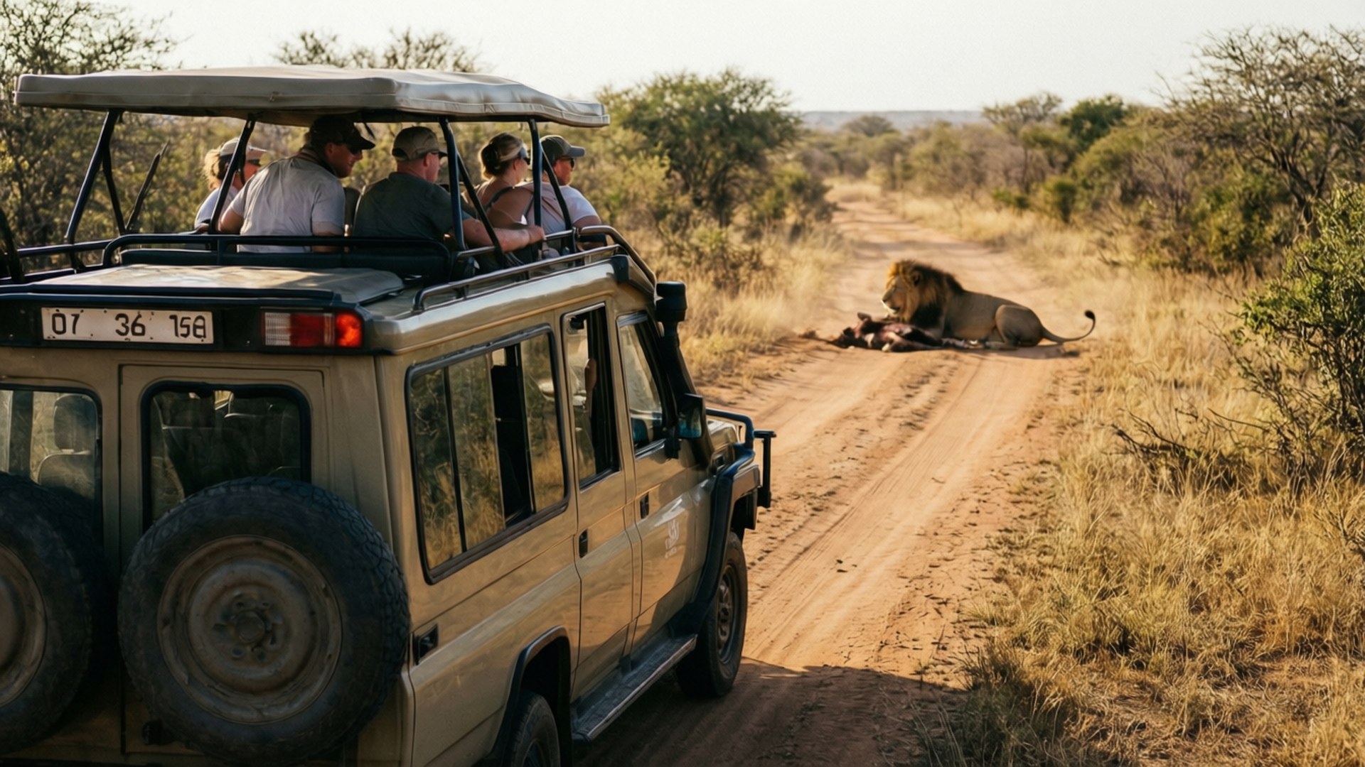 safari jeep, male lion, prey, Full HD Desktop Wallpaper