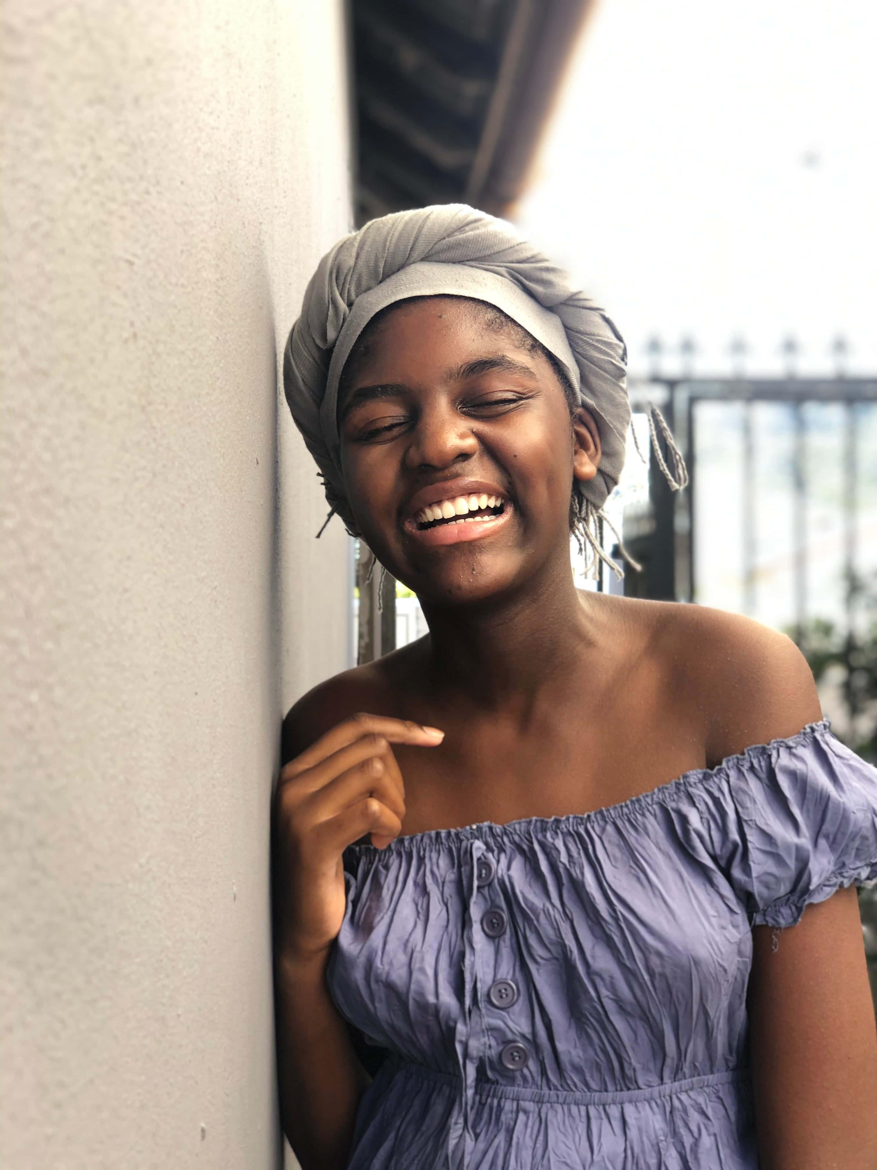 young south african woman, purple off-shoulder dress, gray headwrap, 4K Phone Wallpaper