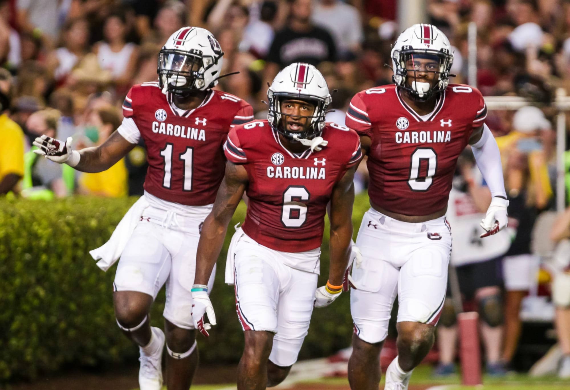 South Carolina Gamecocks, maroon and white uniforms, lit field, Full HD Desktop Wallpaper