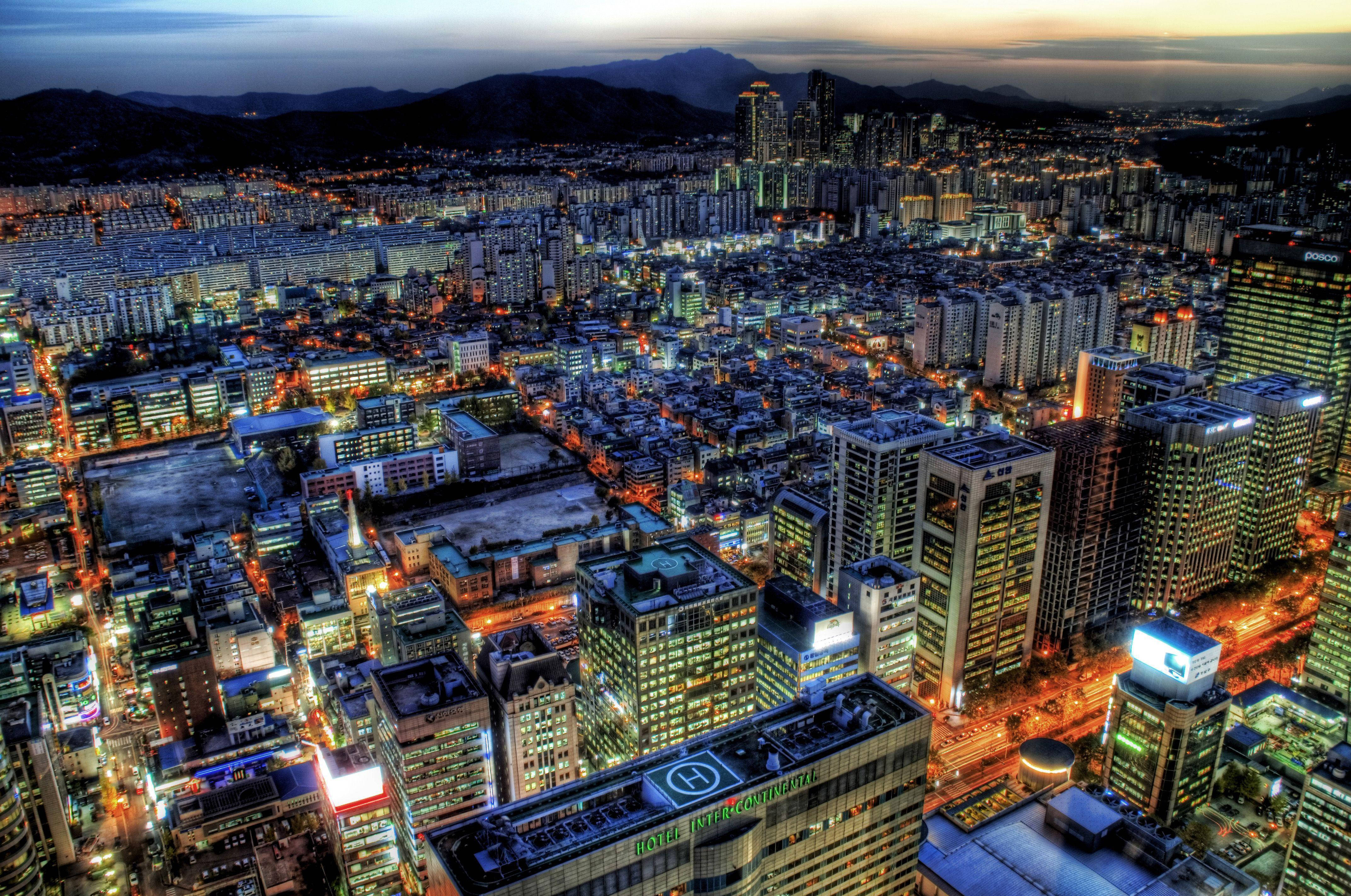 South Korea, dusk, glowing skyscrapers, 4K Desktop Wallpaper