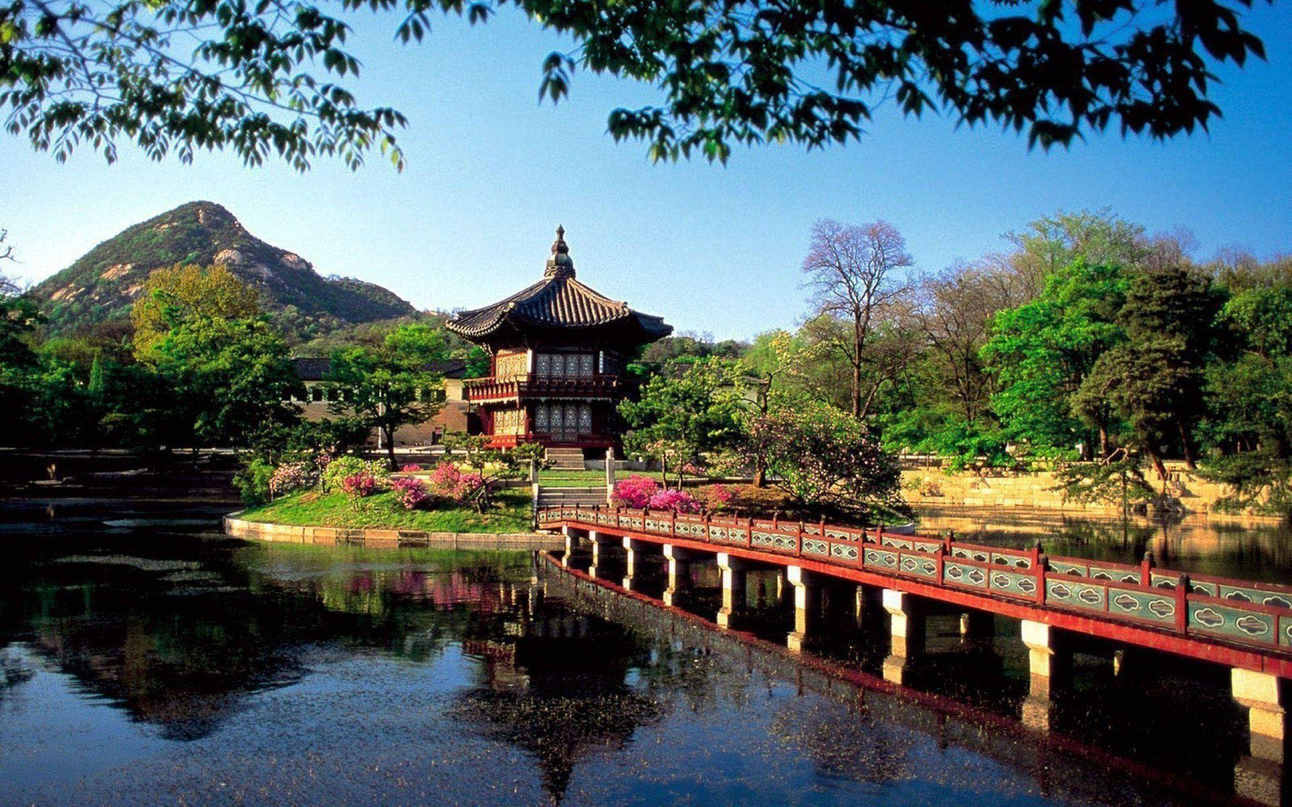 traditional Korean pavilion, tranquil pond, red bridge, 2K Desktop Wallpaper