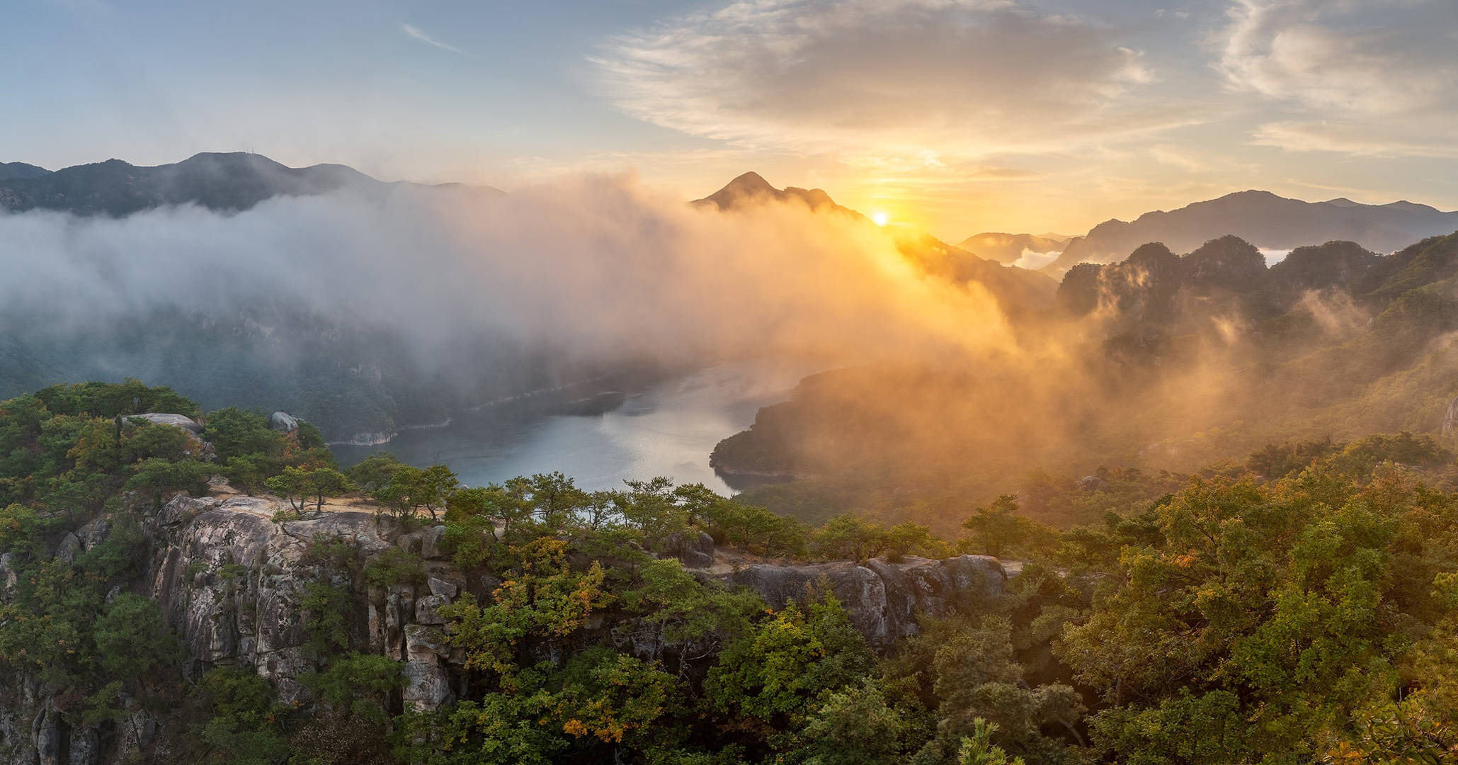 South Korea, sunrise, misty mountains, Full HD Desktop Wallpaper